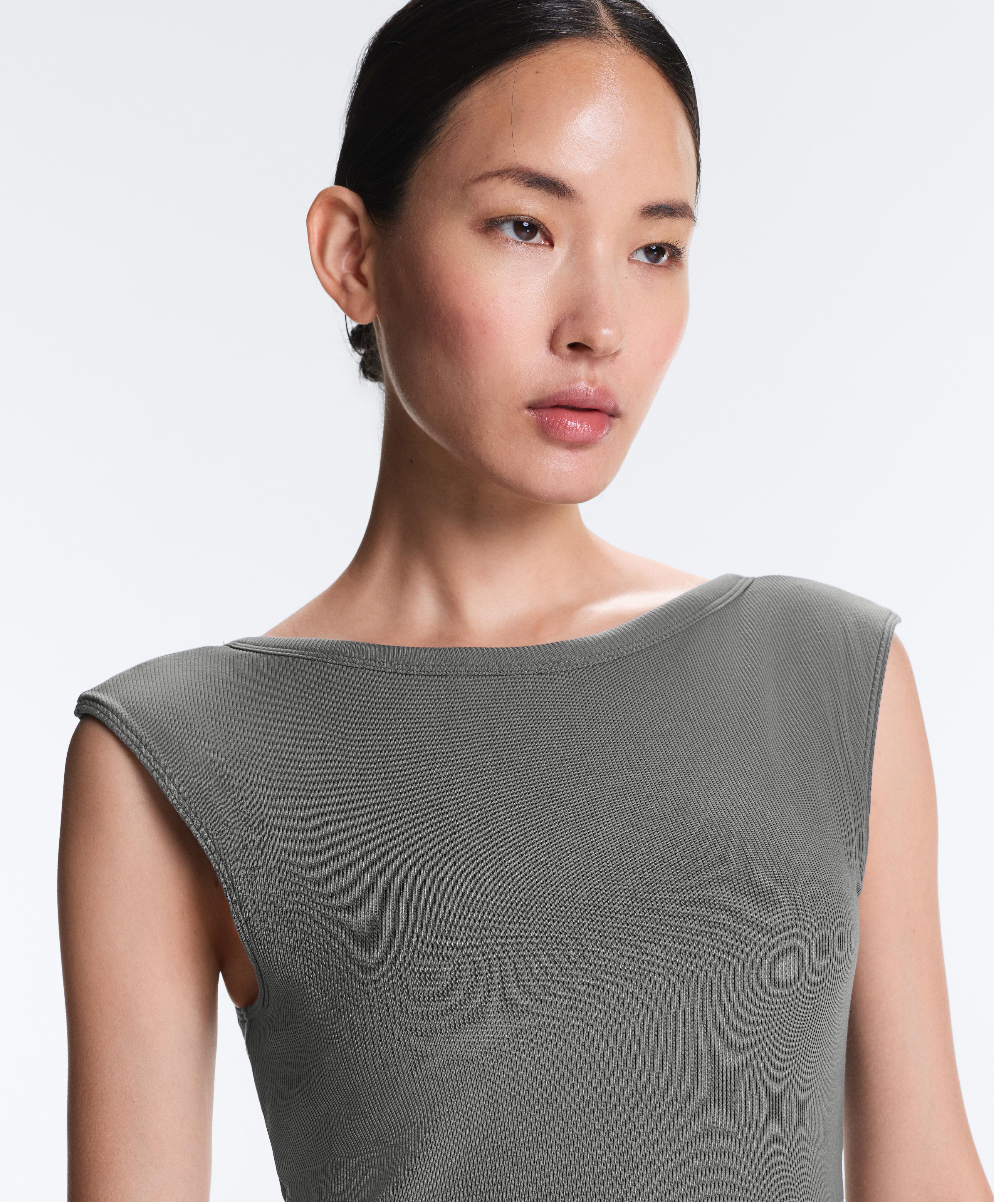 Rib modal blend short sleeve tank top with curling detail — MID GREY