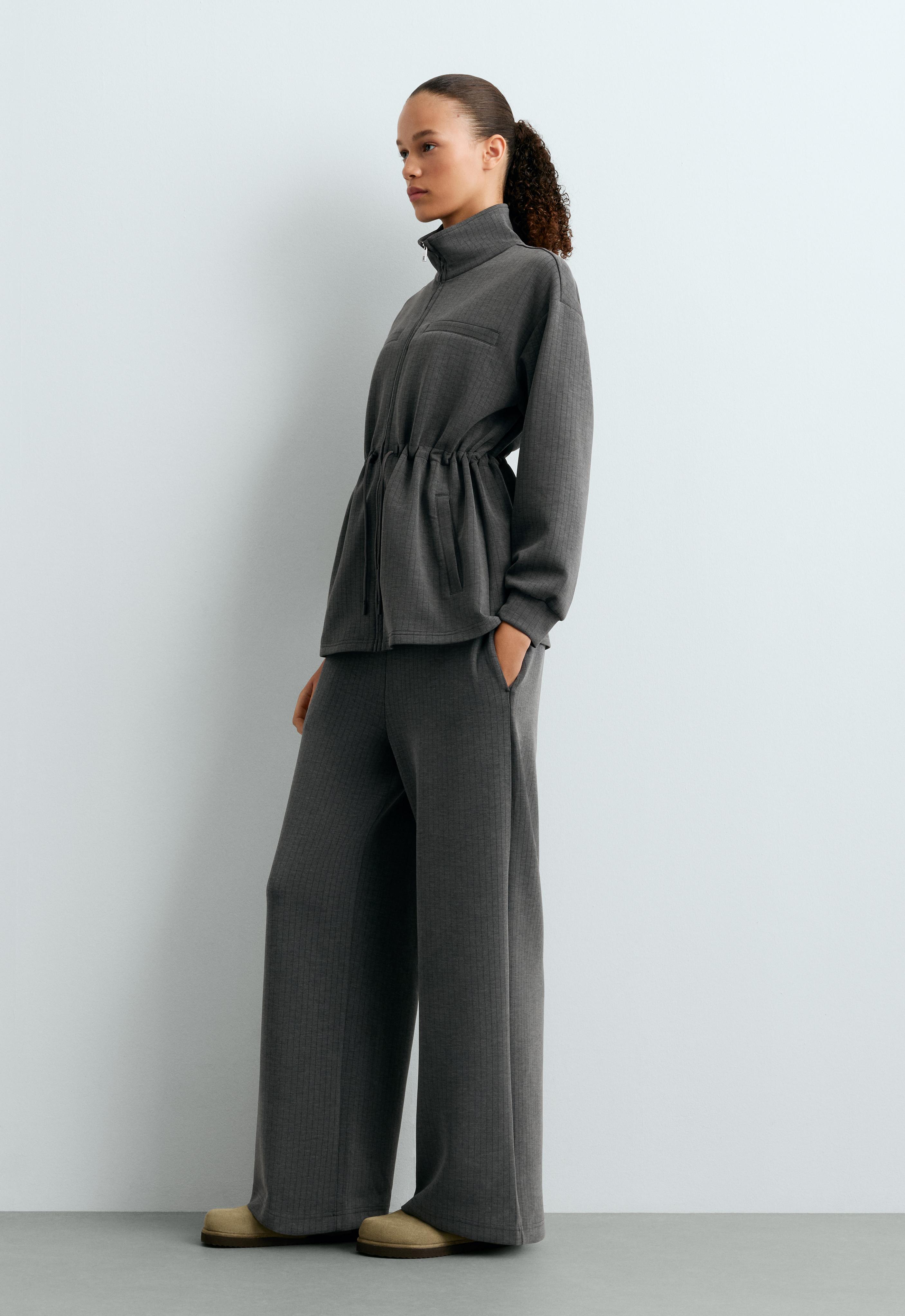 Long Soft-Touch Modal Jacket in Pinstripe — ASPHALT GREY