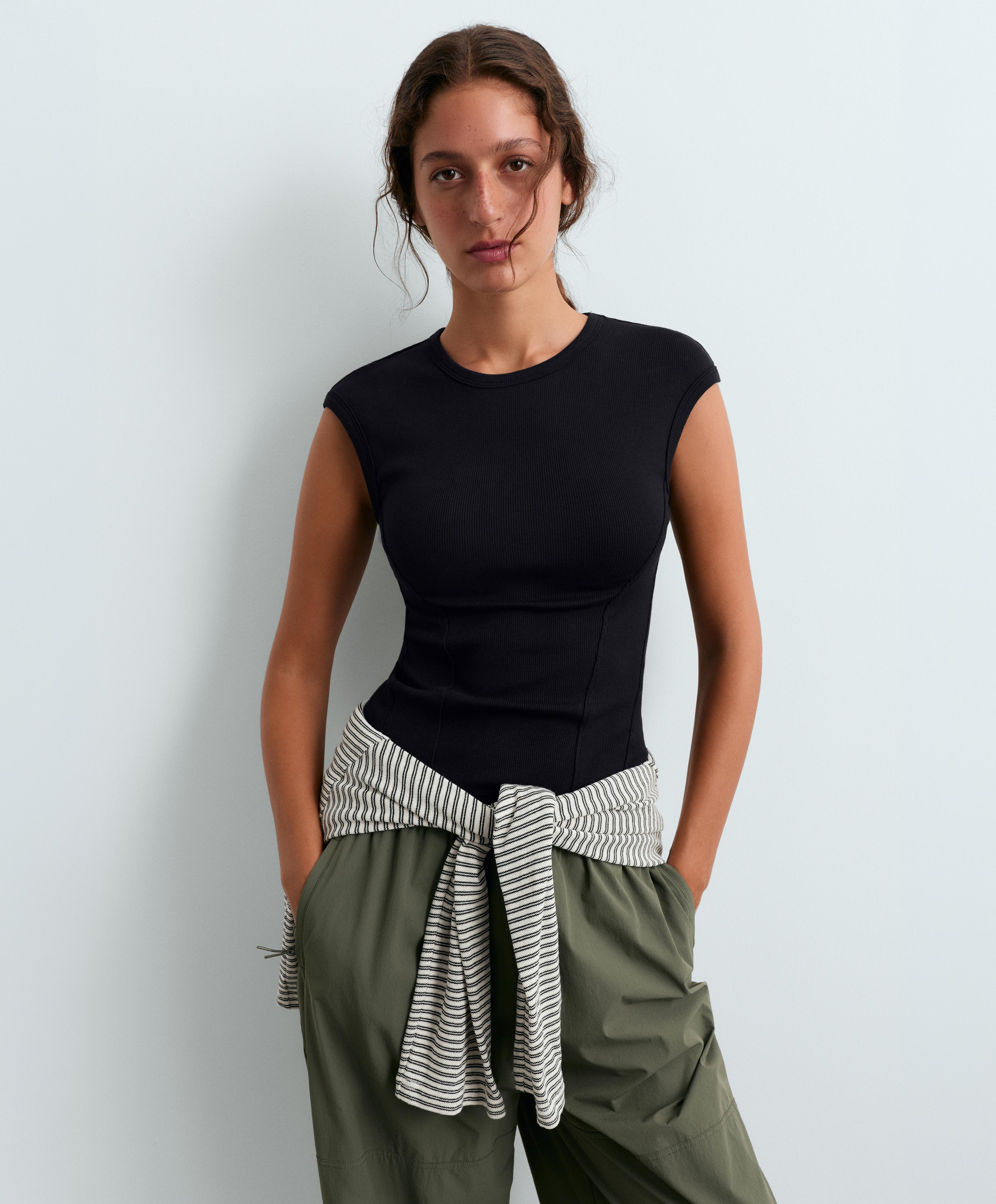 Short-sleeved rib top with cotton and modal — BLACK