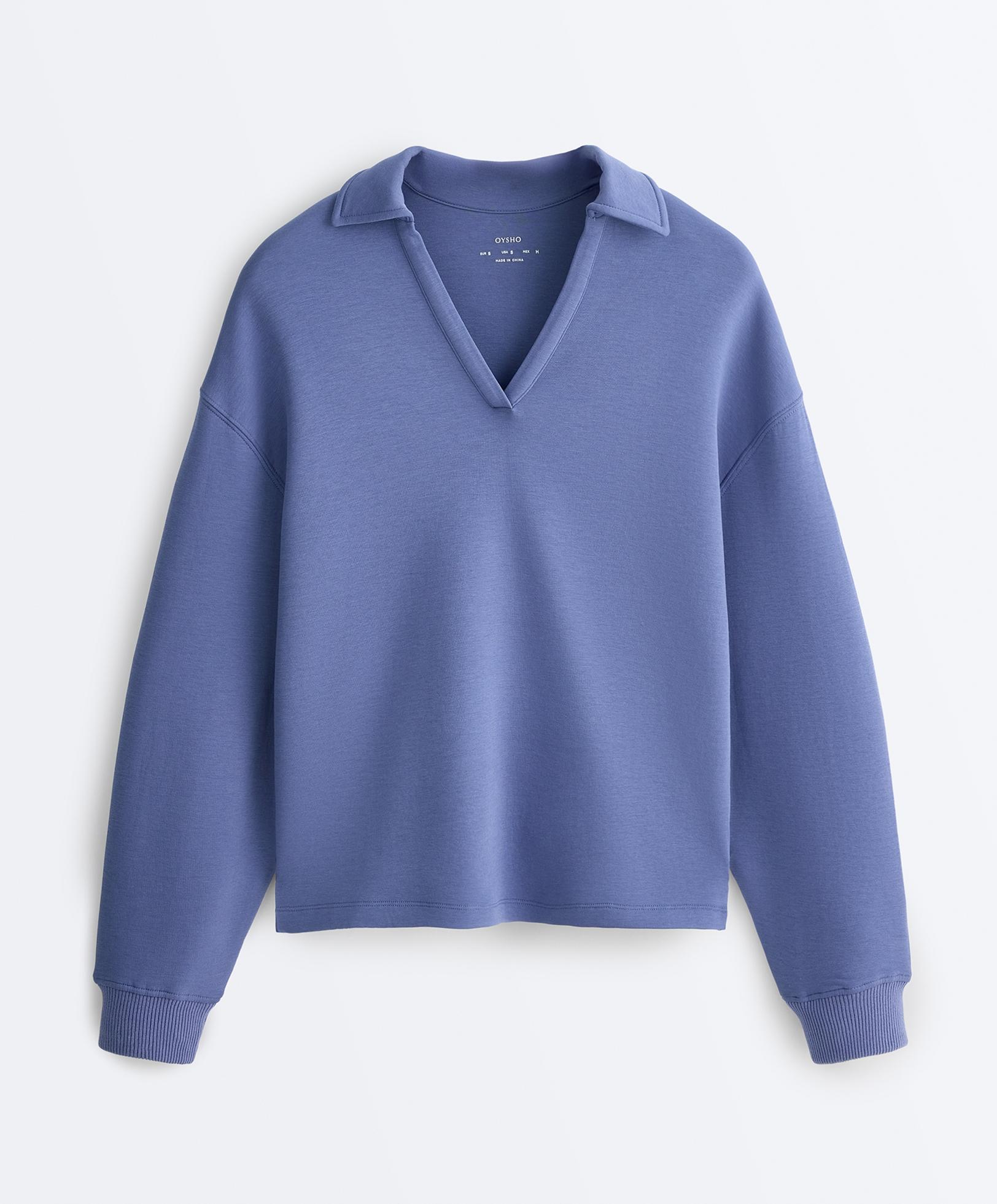 Cotton blend V-neck polo — BRIGHT GREY-BLUE