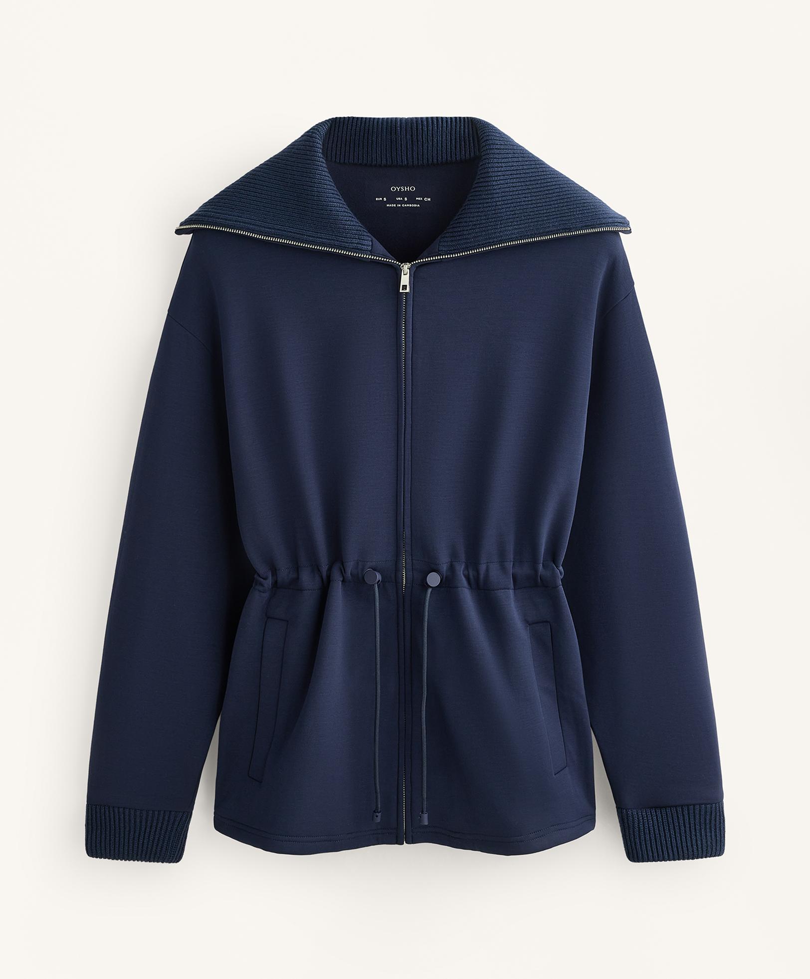 Adjustable waist knit collar jacket with brushed modal — NAVY BLUE