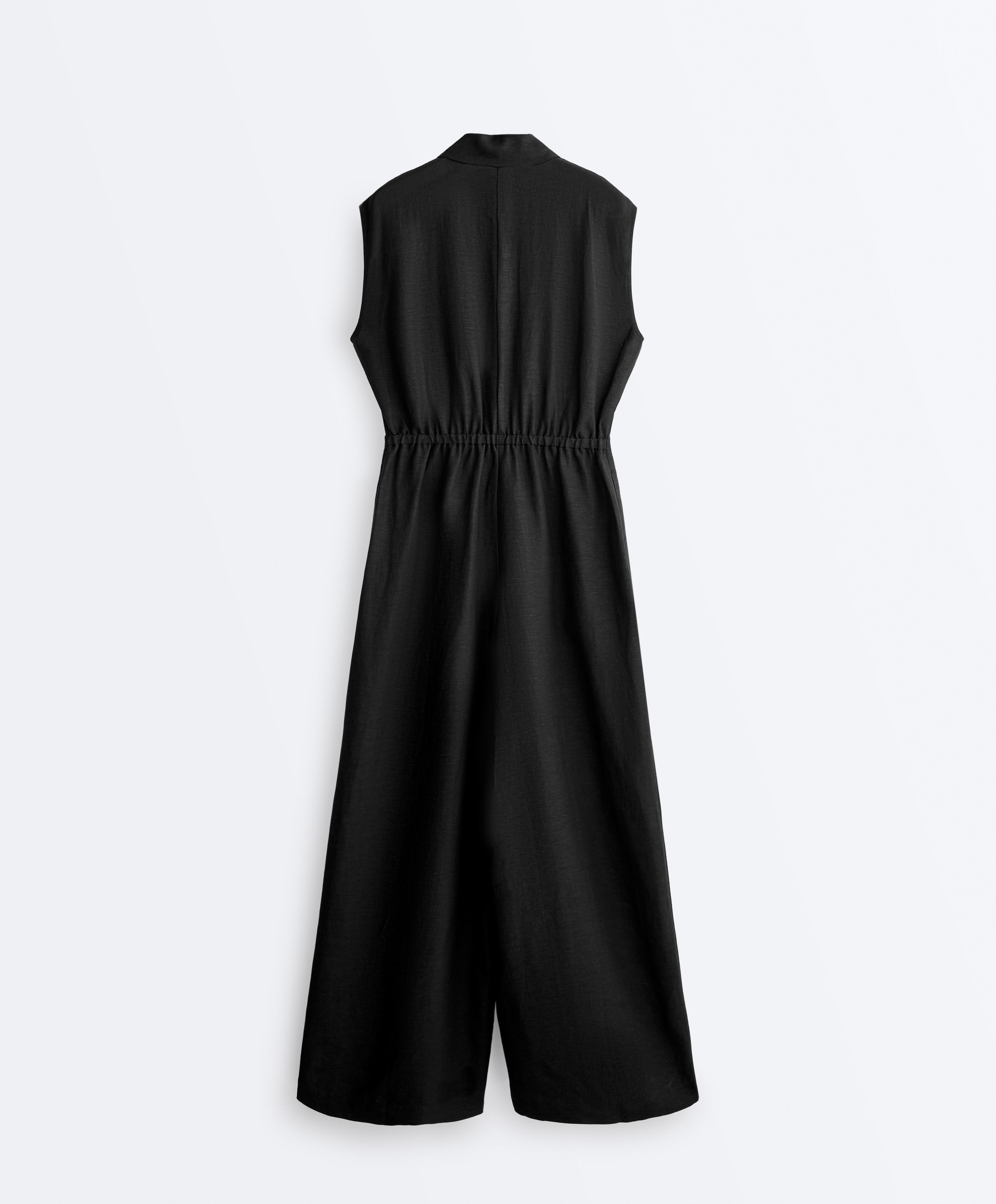 Linen long jumpsuit with lapel collar — BLACK