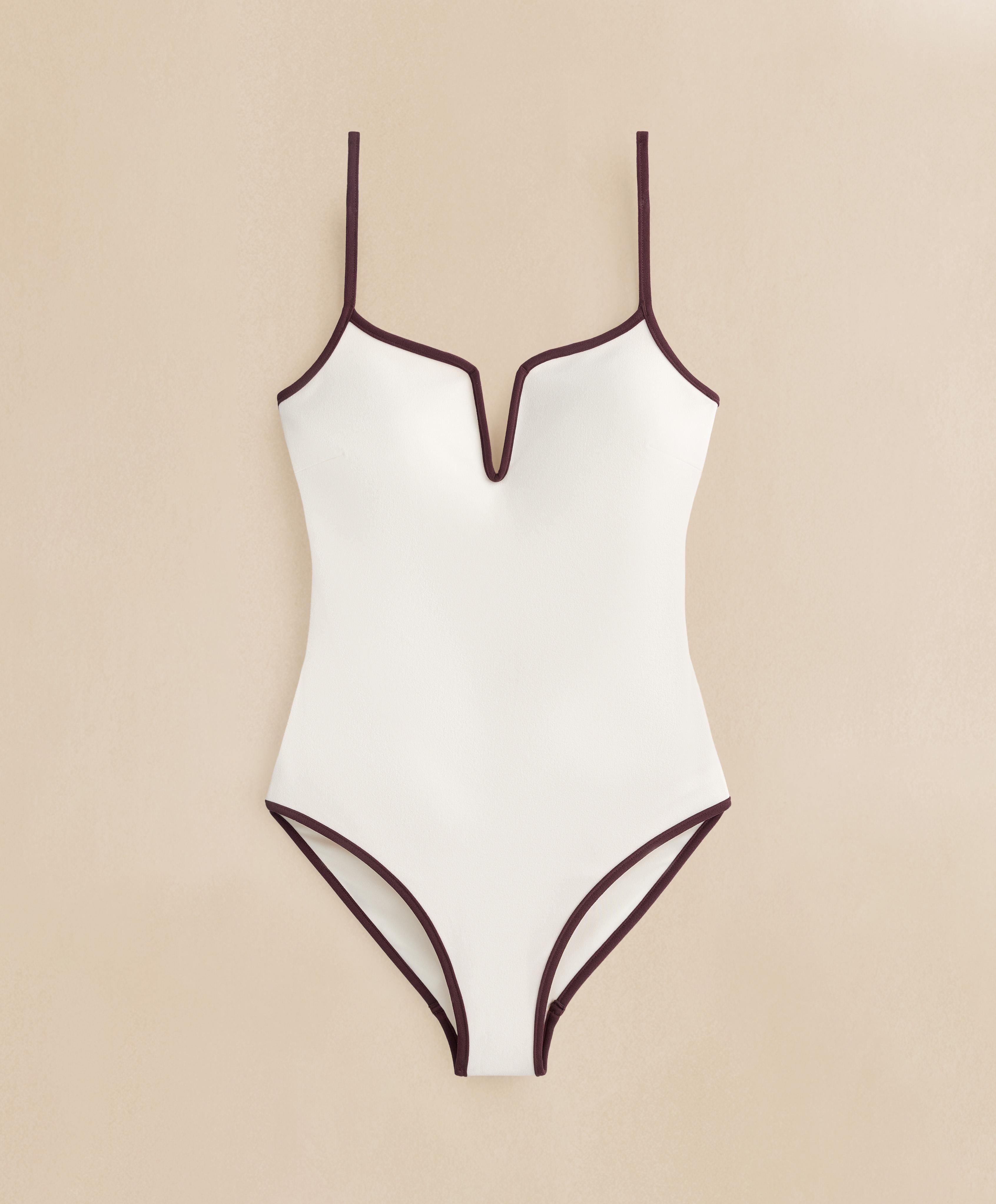 V-neck contrast trim swimsuit — PALE ECRU