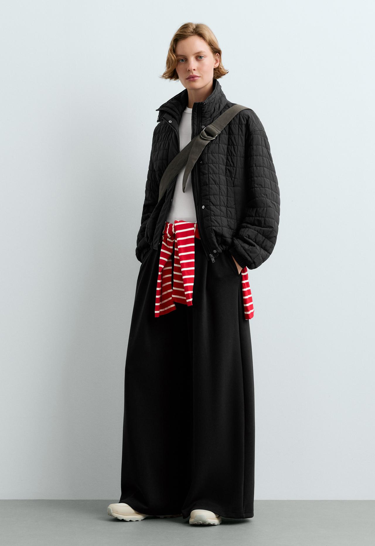 Wide-leg piqué trousers with modal — BLACK