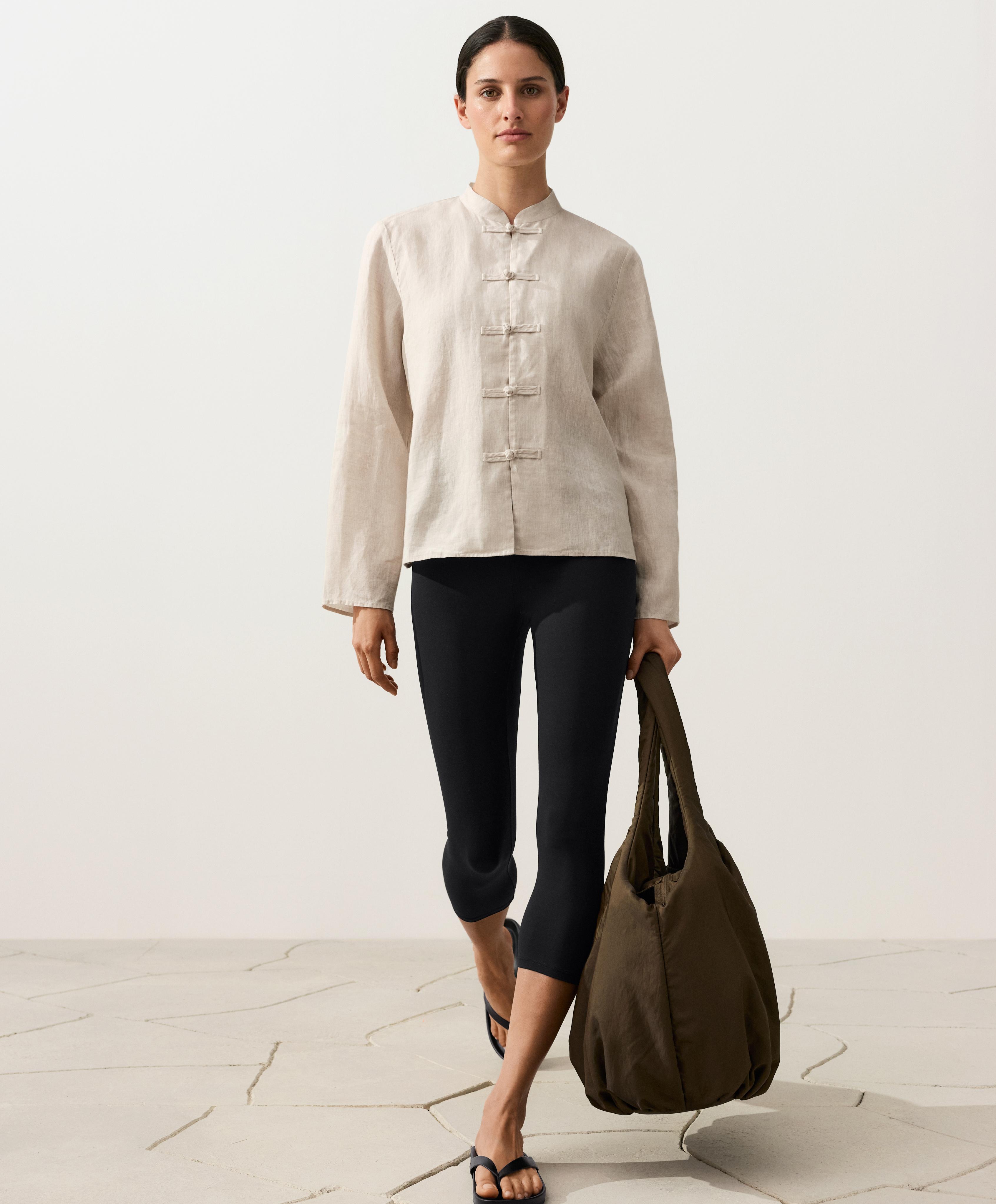 100% linen stand-up collar shirt — SAND MELANGE