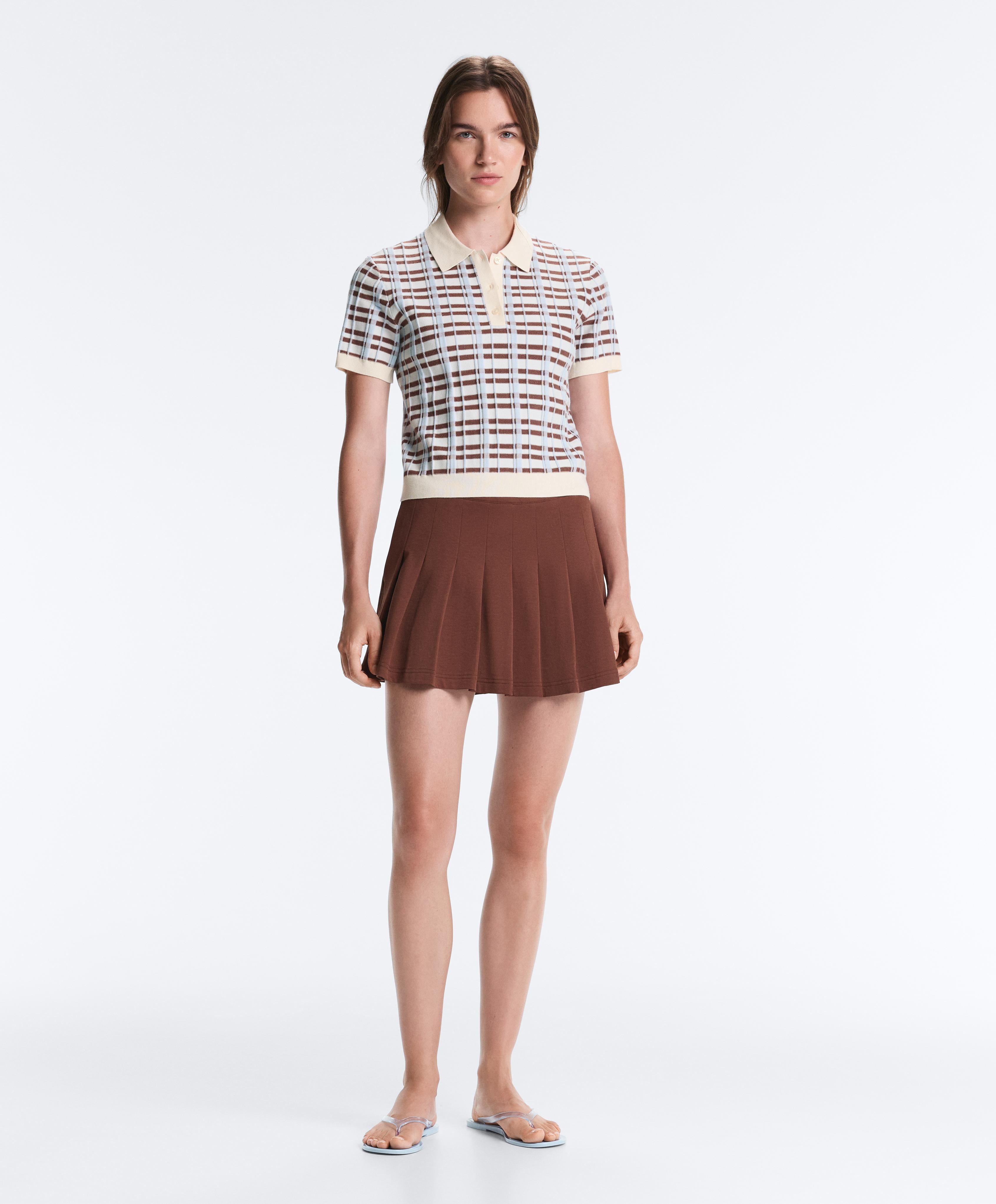 Short sleeve check knit polo shirt — PALE ECRU