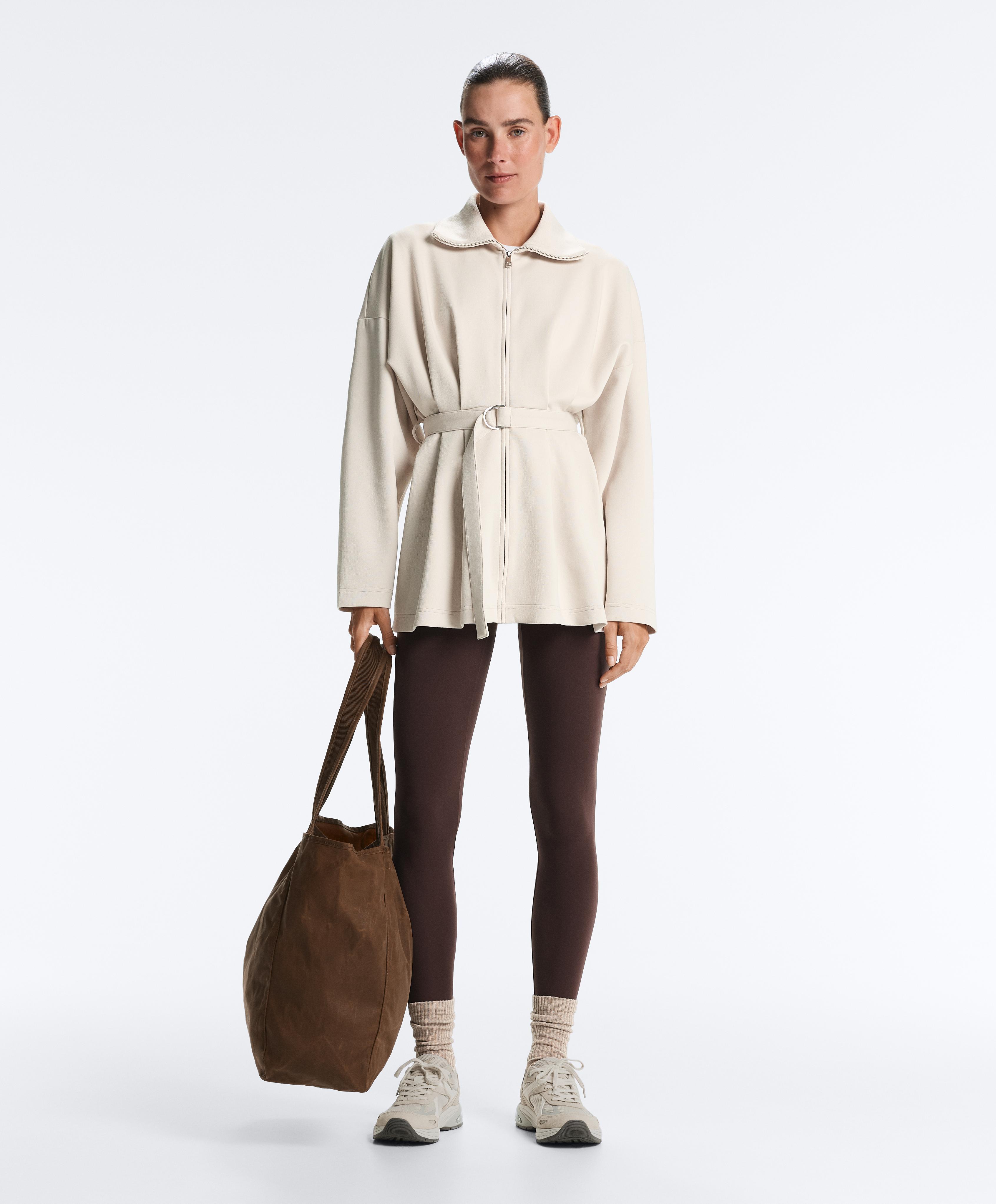Long cotton piqué belted jacket — PALE MINK