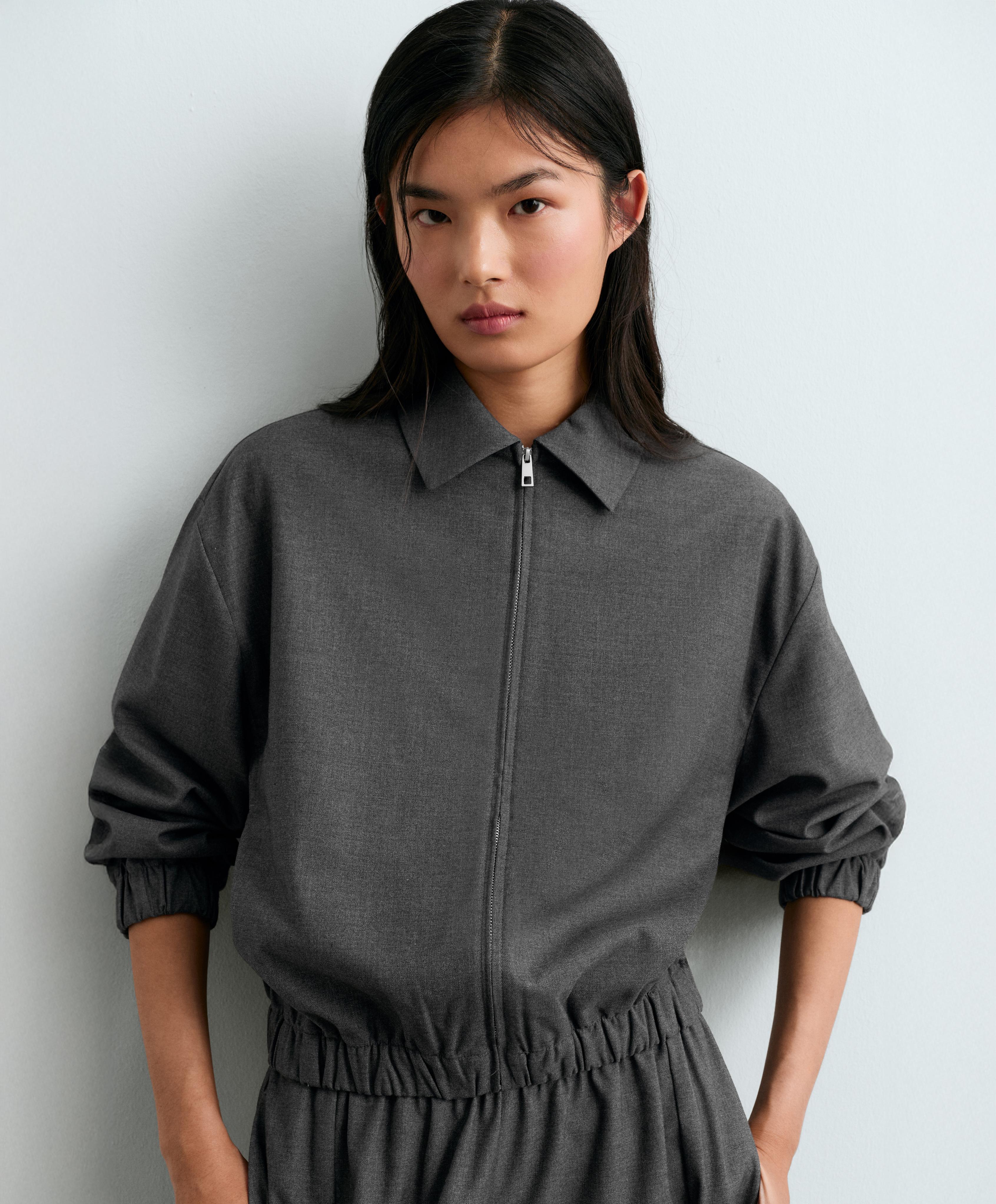 Cropped lapel collar jacket with wool — GREY