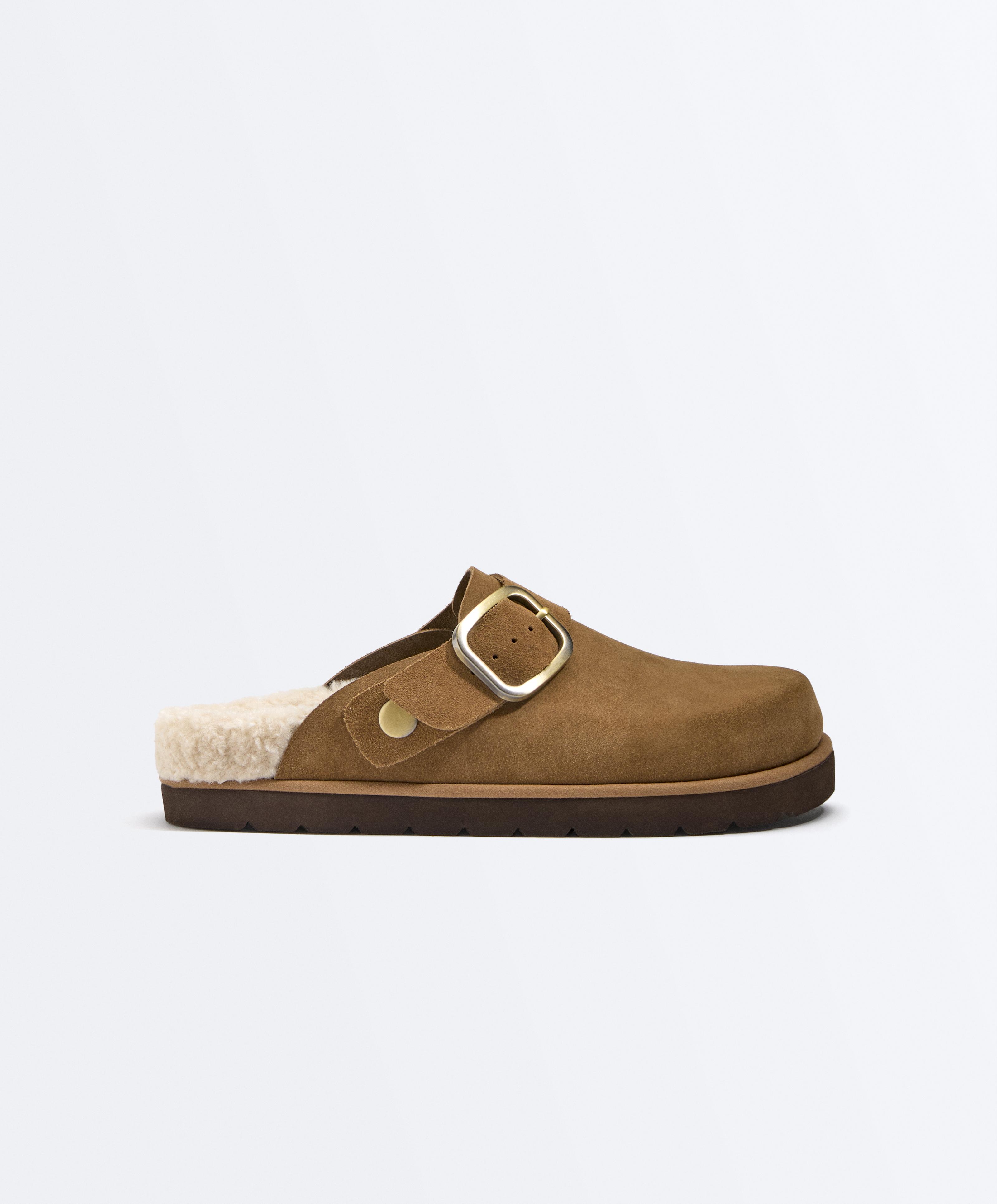 Buckled split-leather faux shearling clogs — TOASTED BROWN
