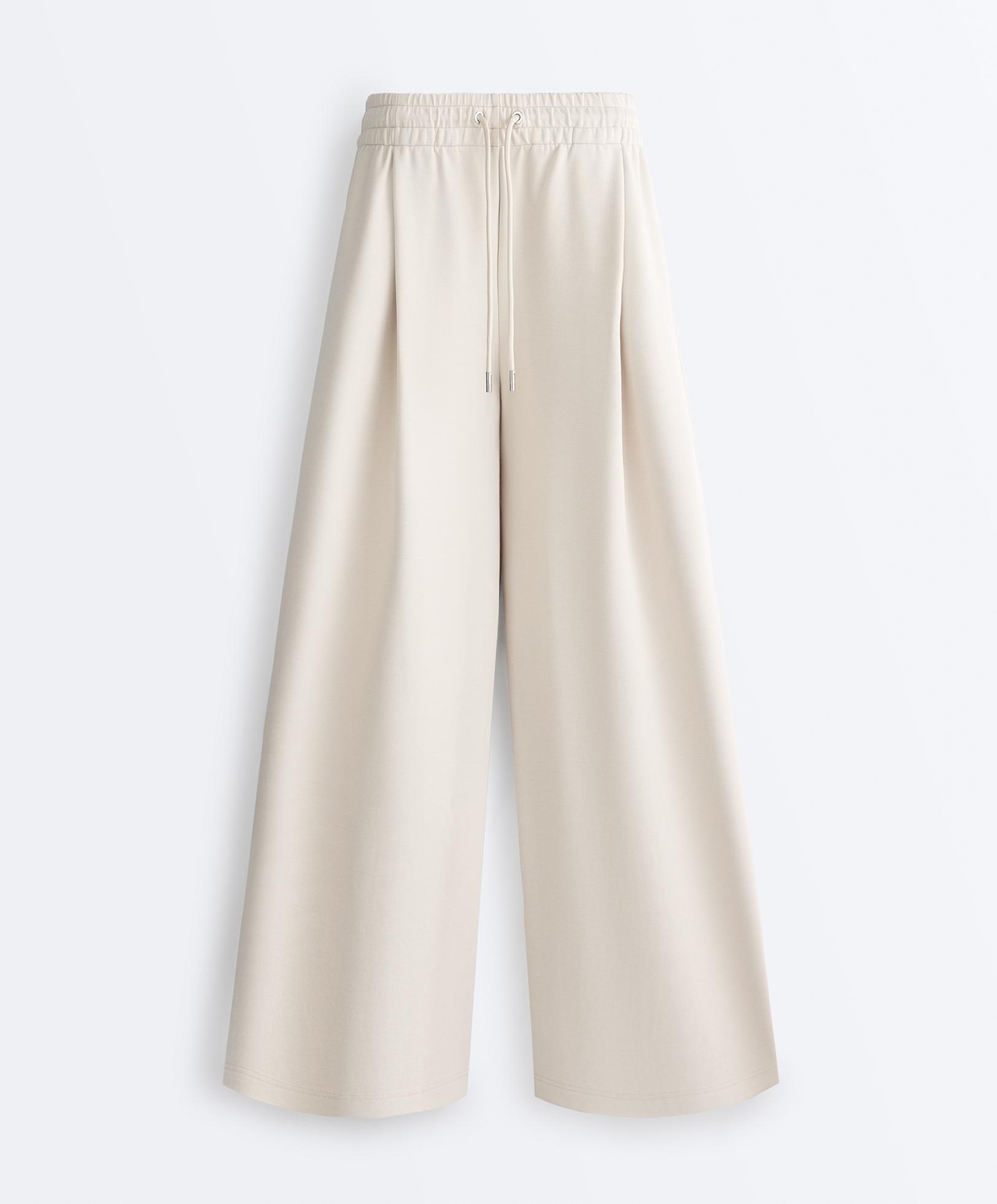 Wide-leg piqué pleat trousers with cotton — PALE MINK
