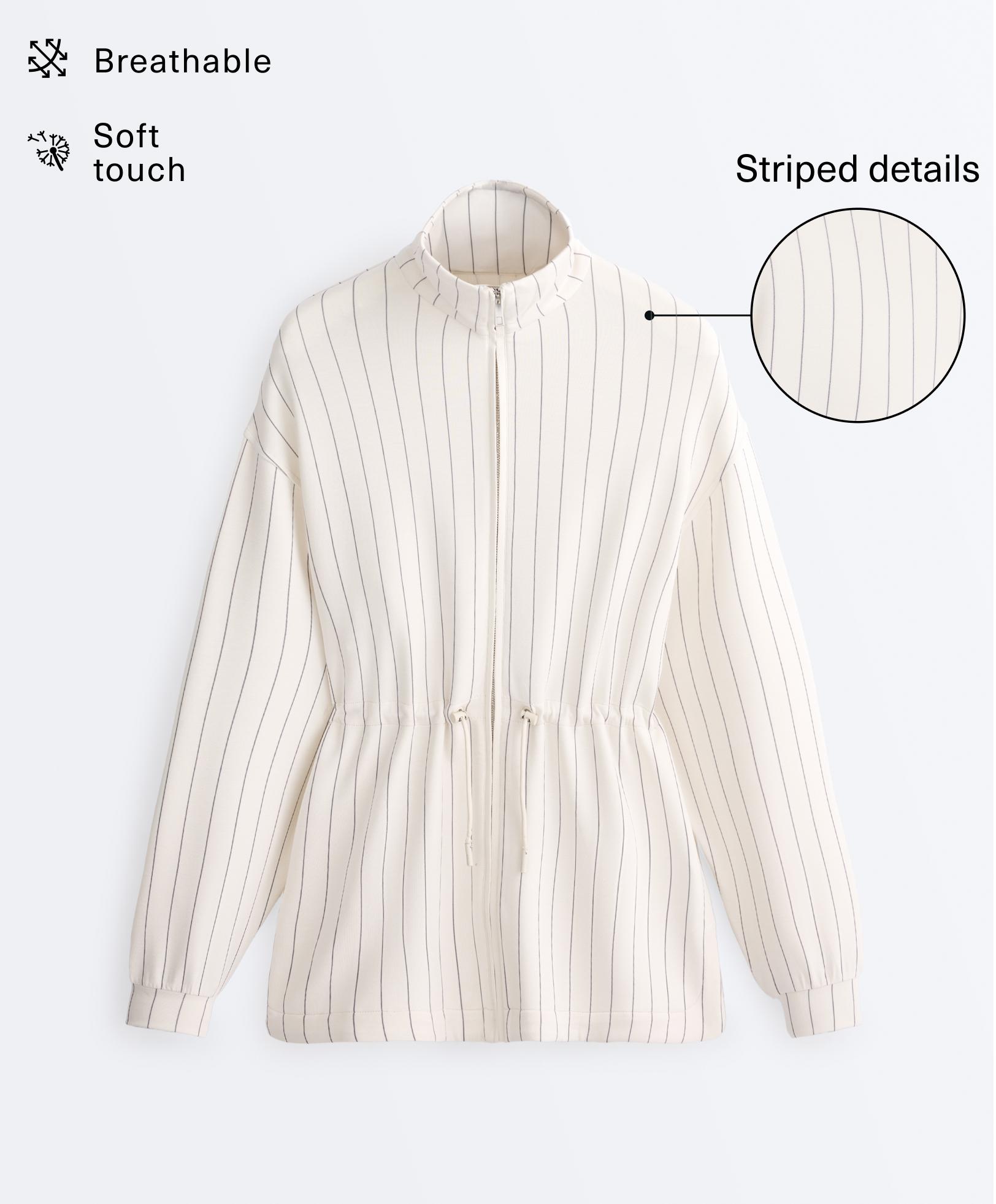 Long pinstripe jacket with adjustable waist and soft-touch modal — ECRU