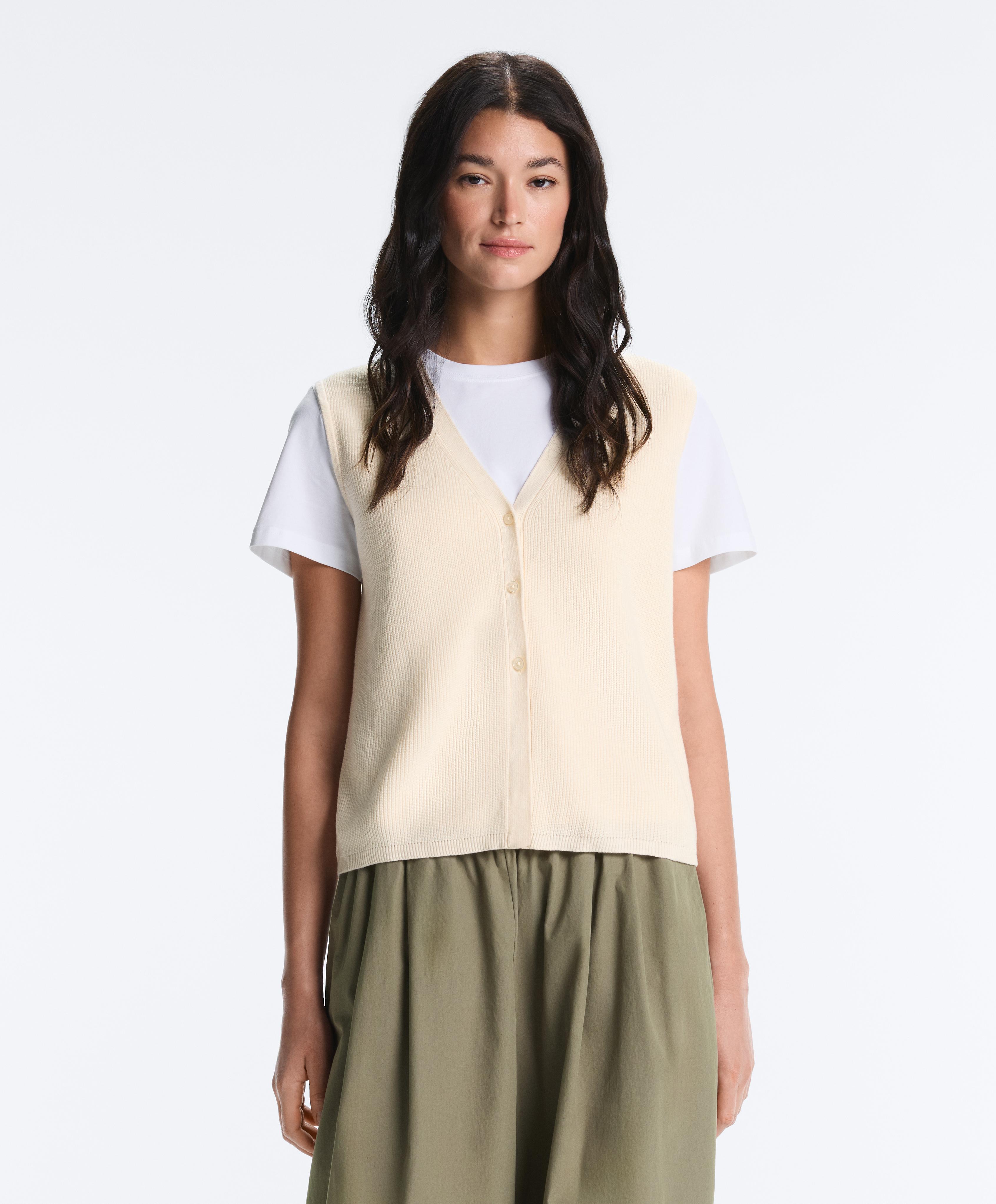 Cotton blend V-neck knit cardigan — ECRU