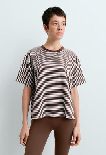 Regular fit striped cotton blend short-sleeved T-shirt — CHOCOLATE       2