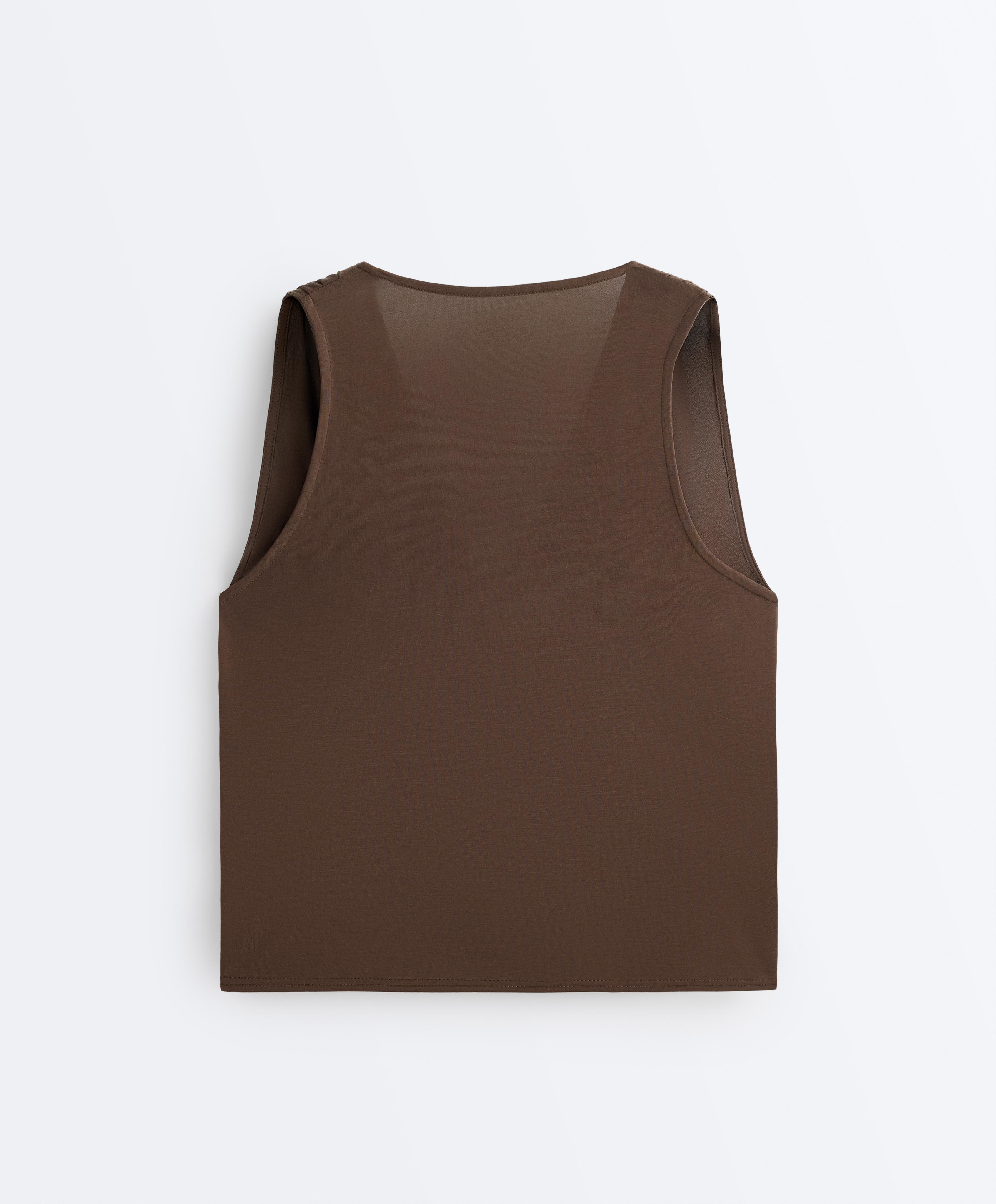 Modal blend crossover sleeveless T-shirt — DARK BROWN