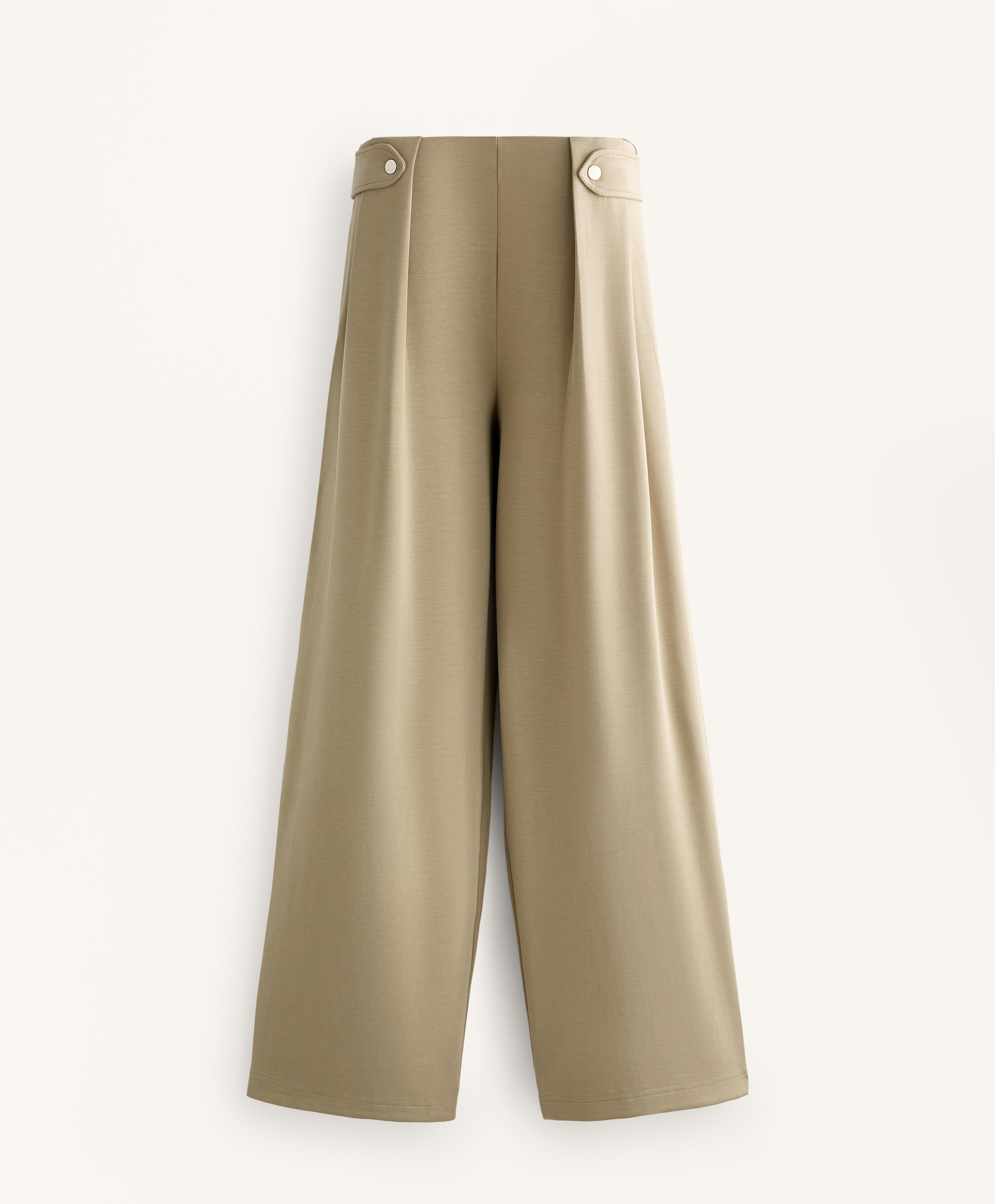 Soft-touch modal wide-leg trousers with pleat waist detail — GREEN BEIGE