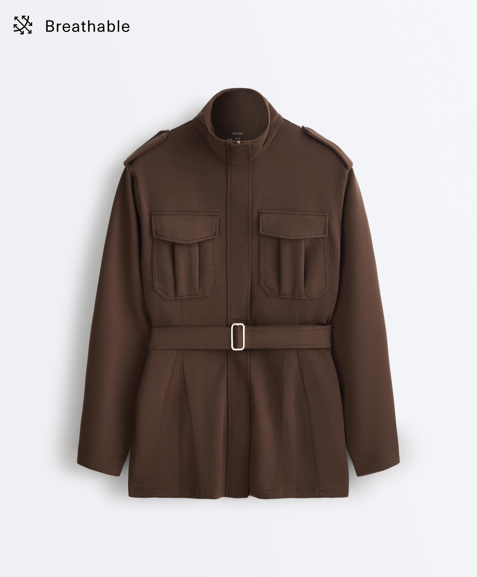 Long utility pique jacket with belt — DARK BROWN
