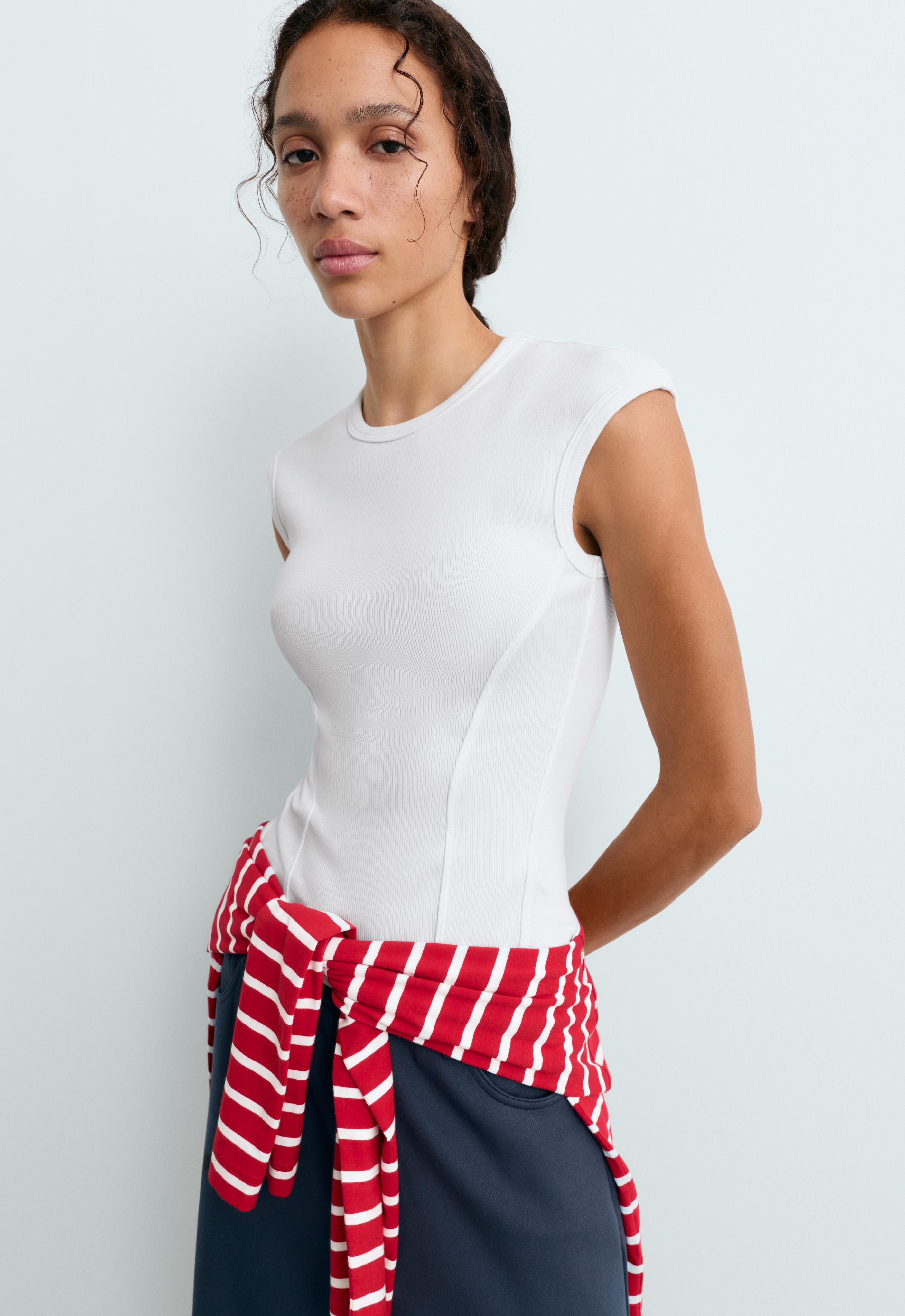 Short-sleeved rib top with cotton and modal — WHITE 