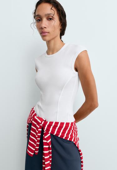 Short-sleeved rib top with cotton and modal — WHITE  2