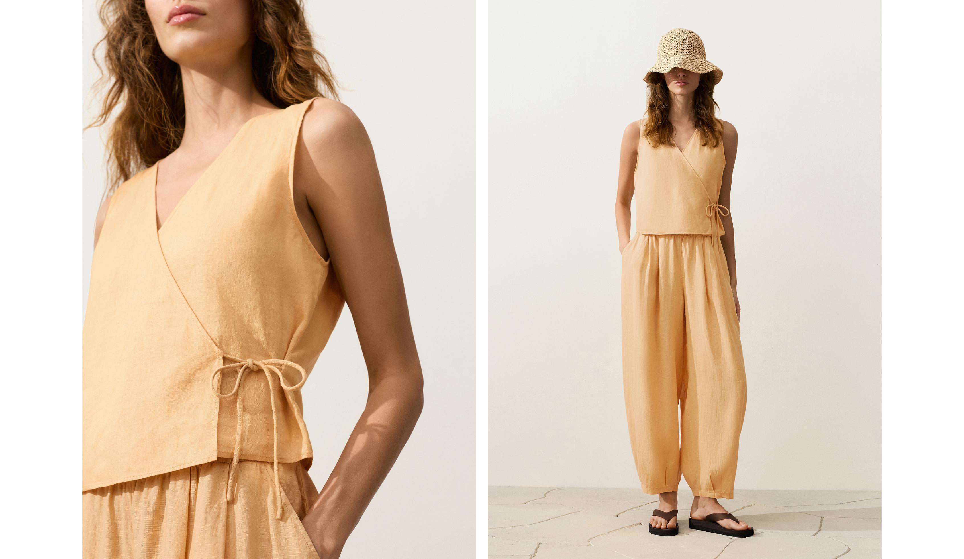 100% linen square neck crossover tie top — BURNT YELLOW