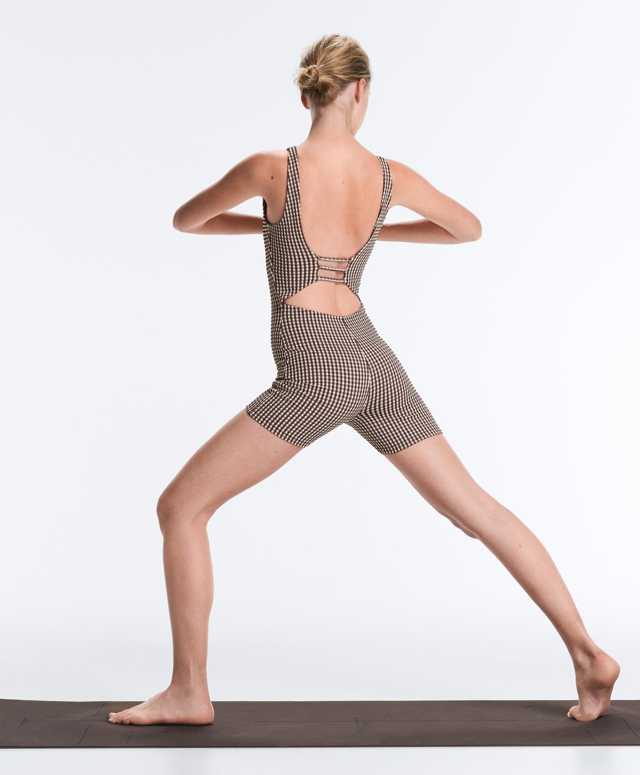 Comfortlux gingham short jumpsuit — DARK REDDISH‑BROWN