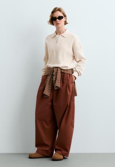 Long-sleeved open-knit polo shirt — ECRU 1