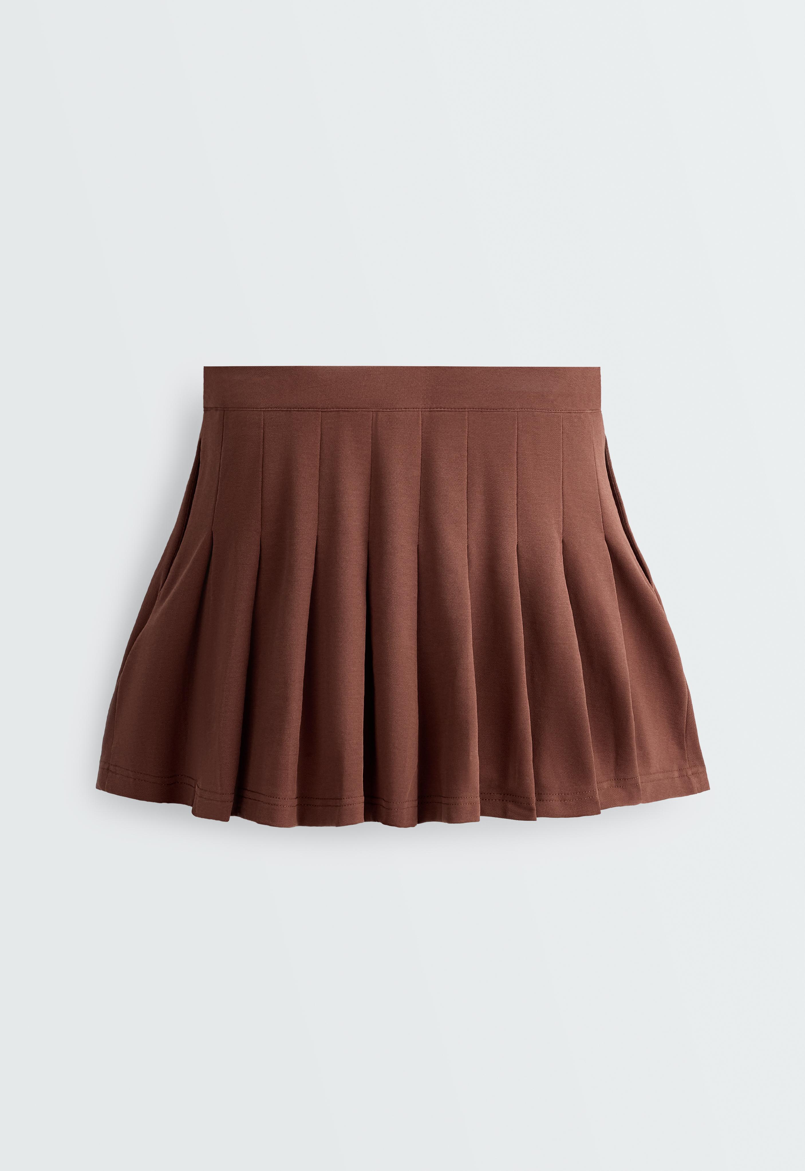 Cotton piqué pleated mini skirt — TERRACOTTA