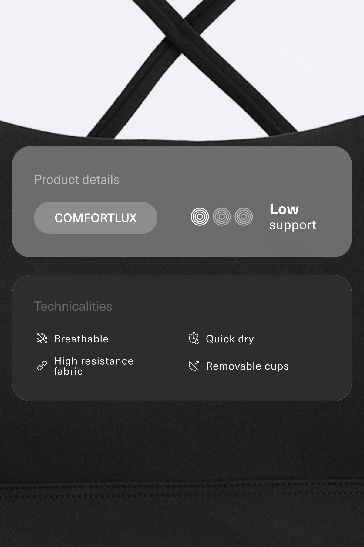 Low-support Comfortlux sports bra with straps — BLACK