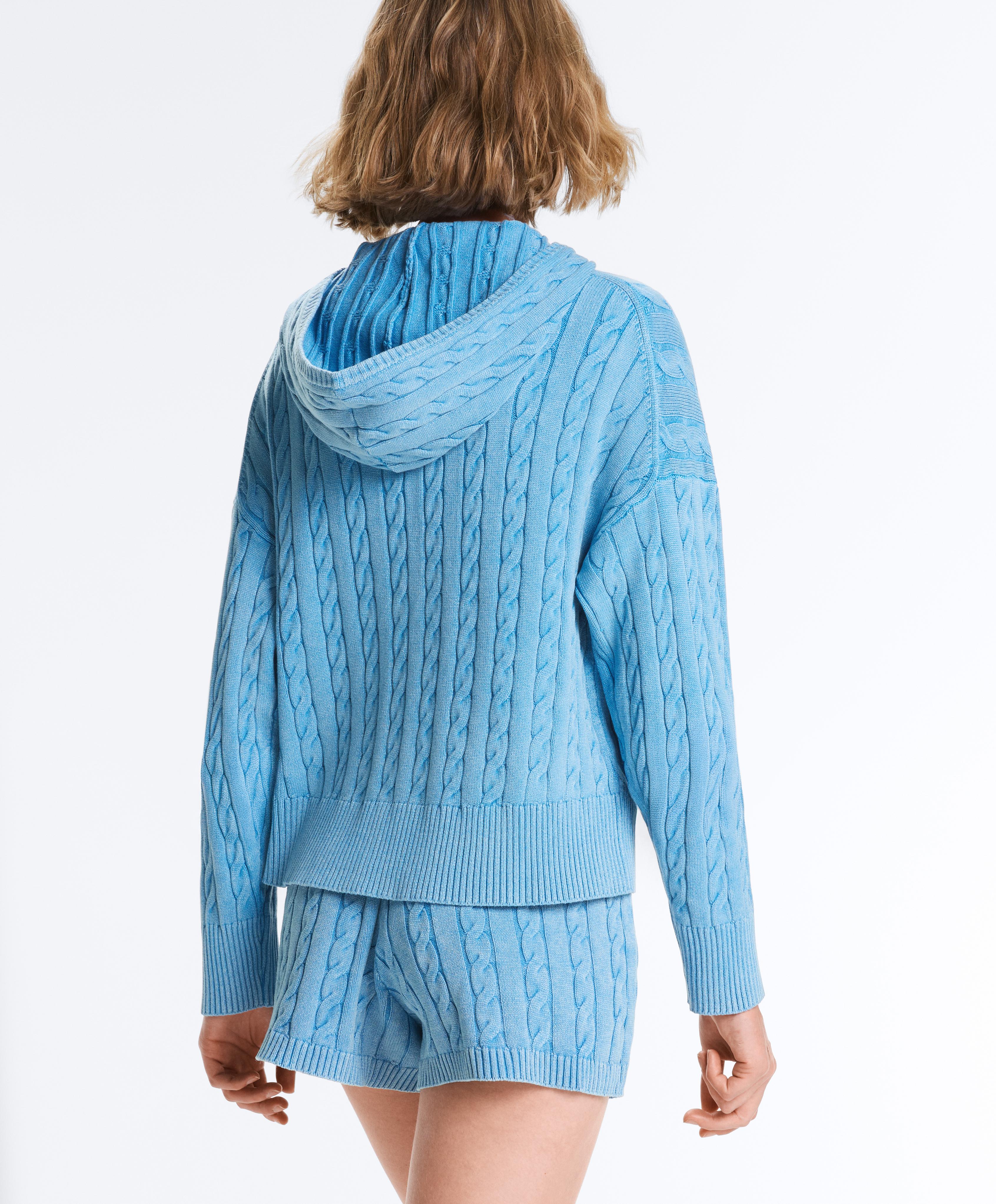 Washed cable knit hooded jacket — WASHED SKY BLUE