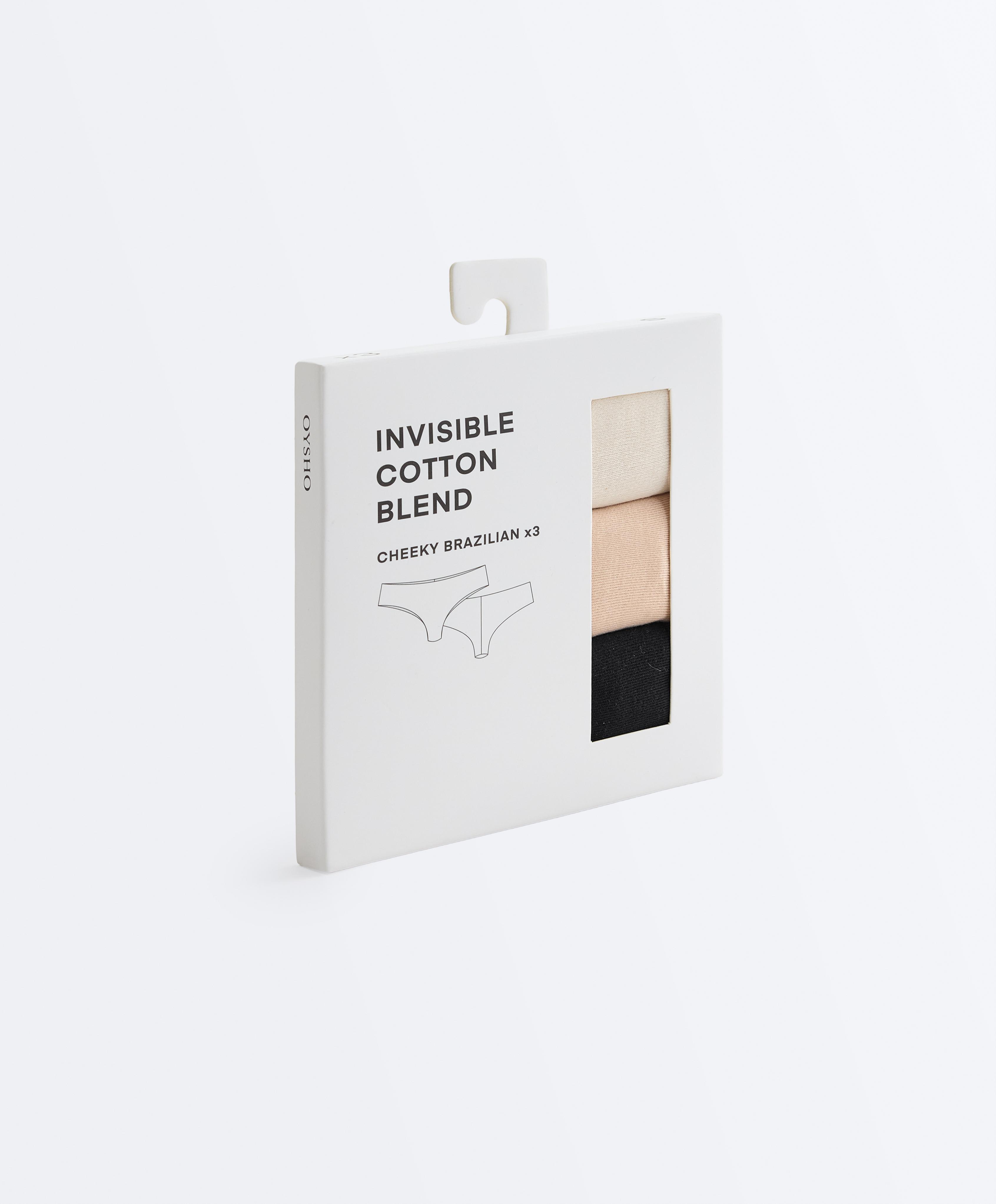 3 invisible cotton blend laser-cut Brazilian briefs — BEIGE
