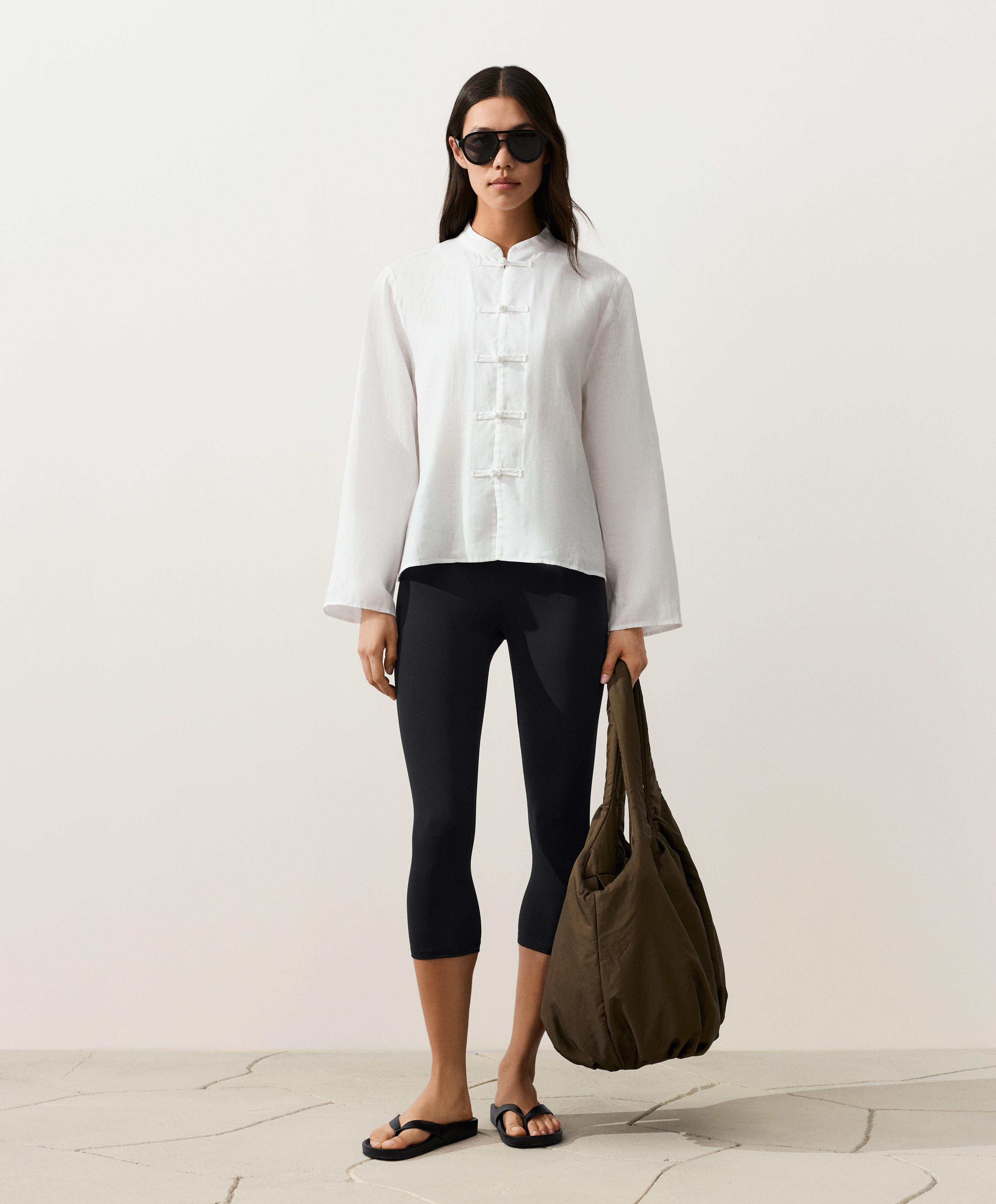 100% linen stand-up collar shirt — WHITE