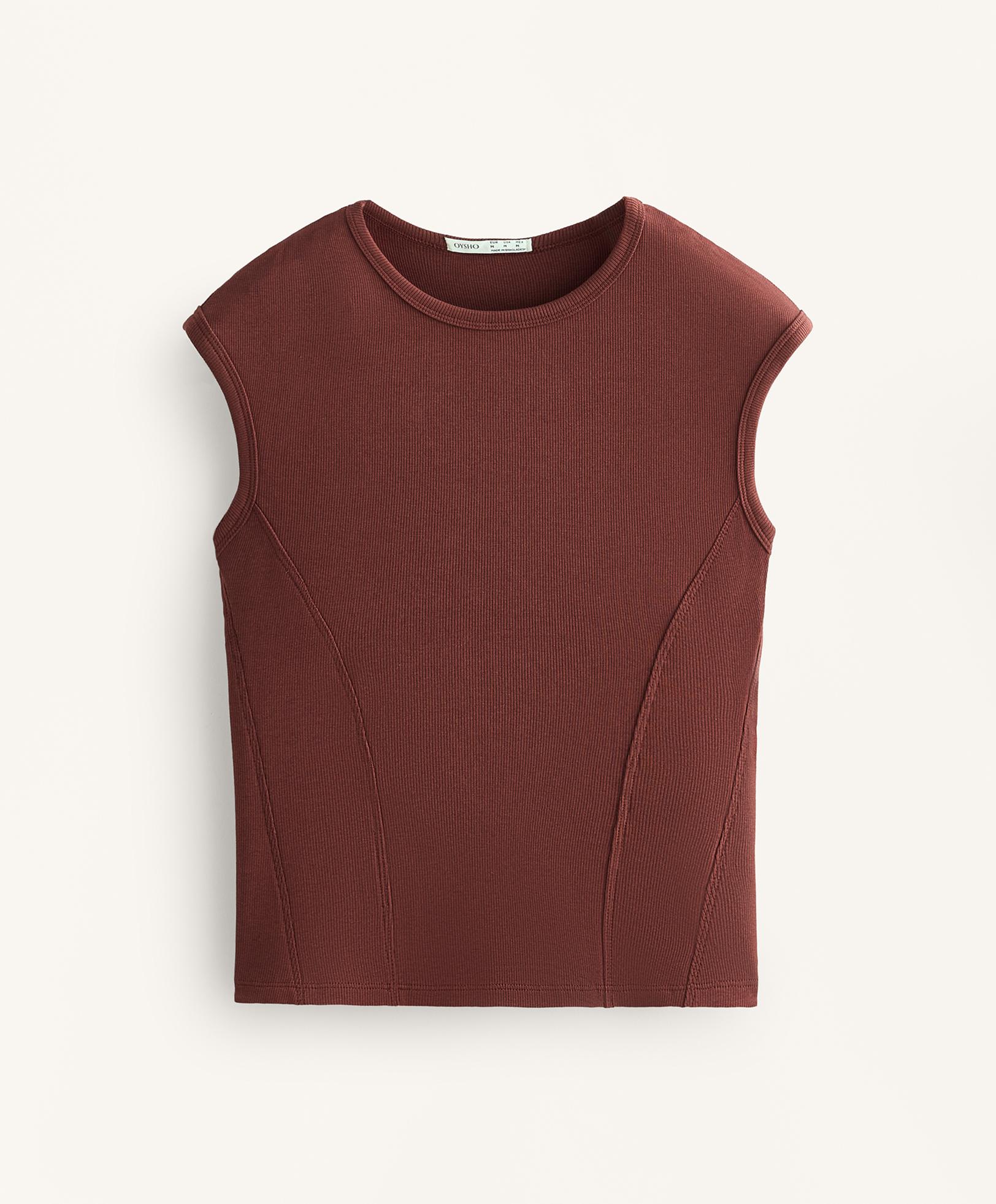 Short-sleeved rib top with cotton and modal — MAHOGANY