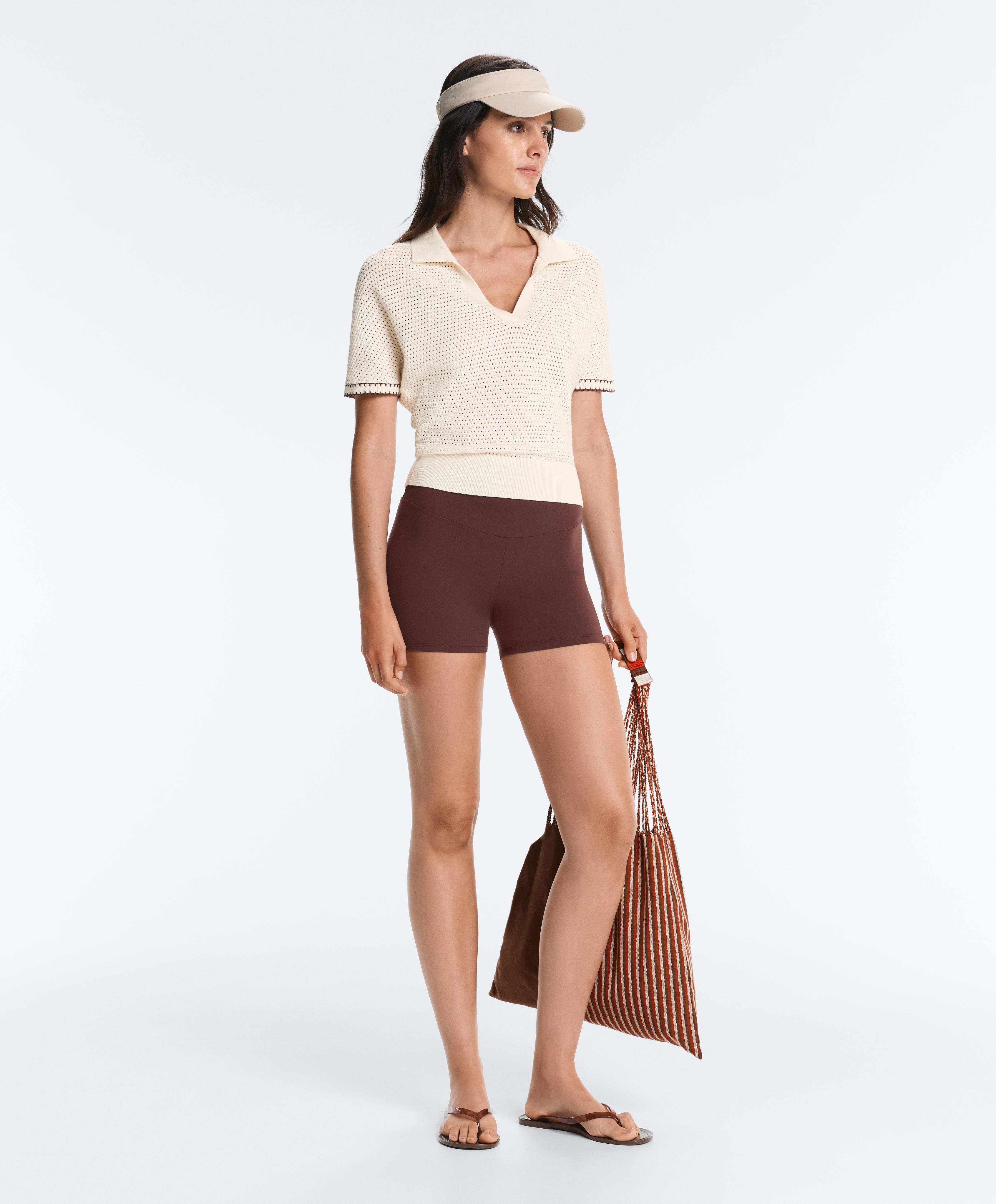 Cotton blend openwork knit polo — PALE ECRU