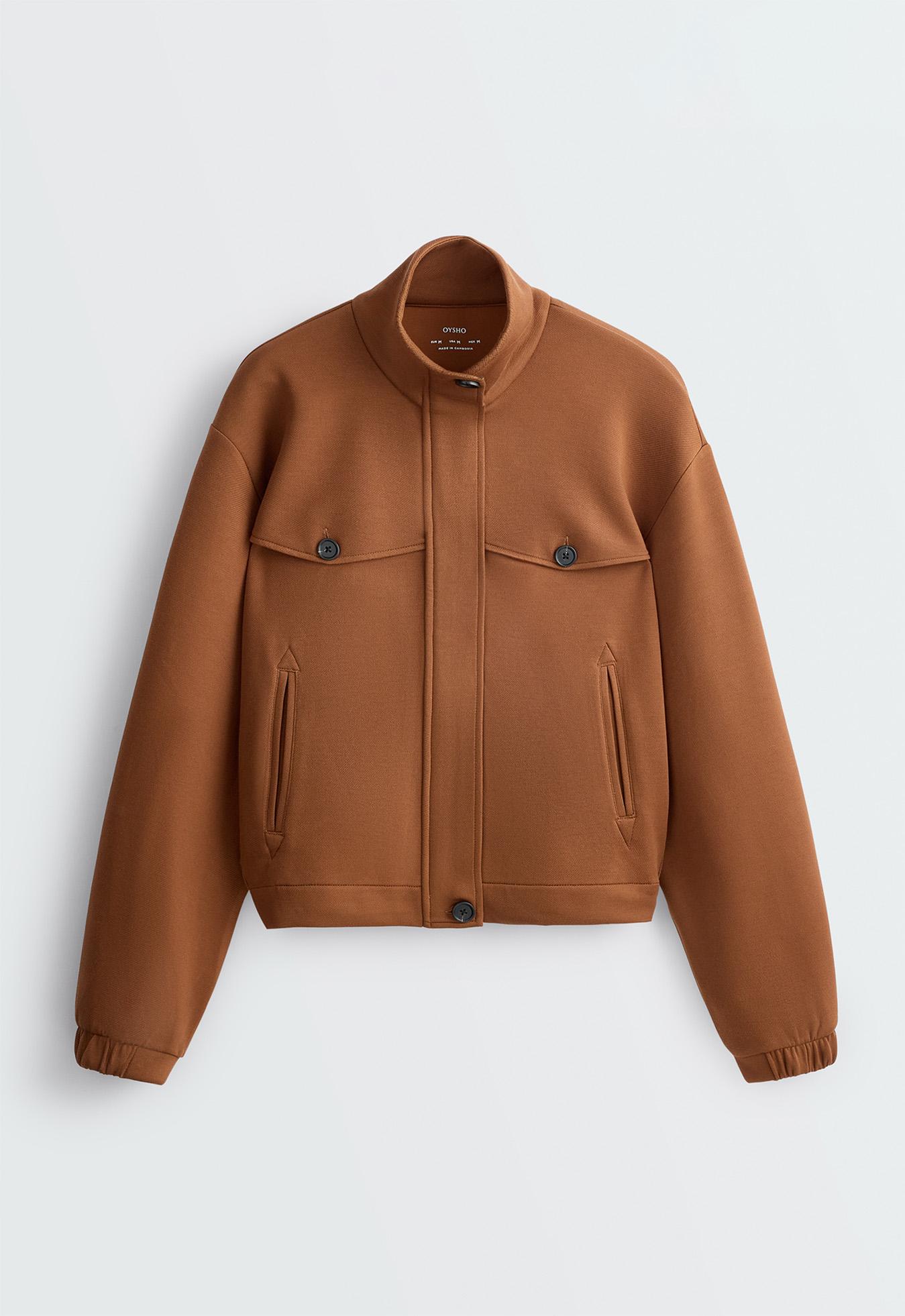 High-neck cropped jacket — COGNAC