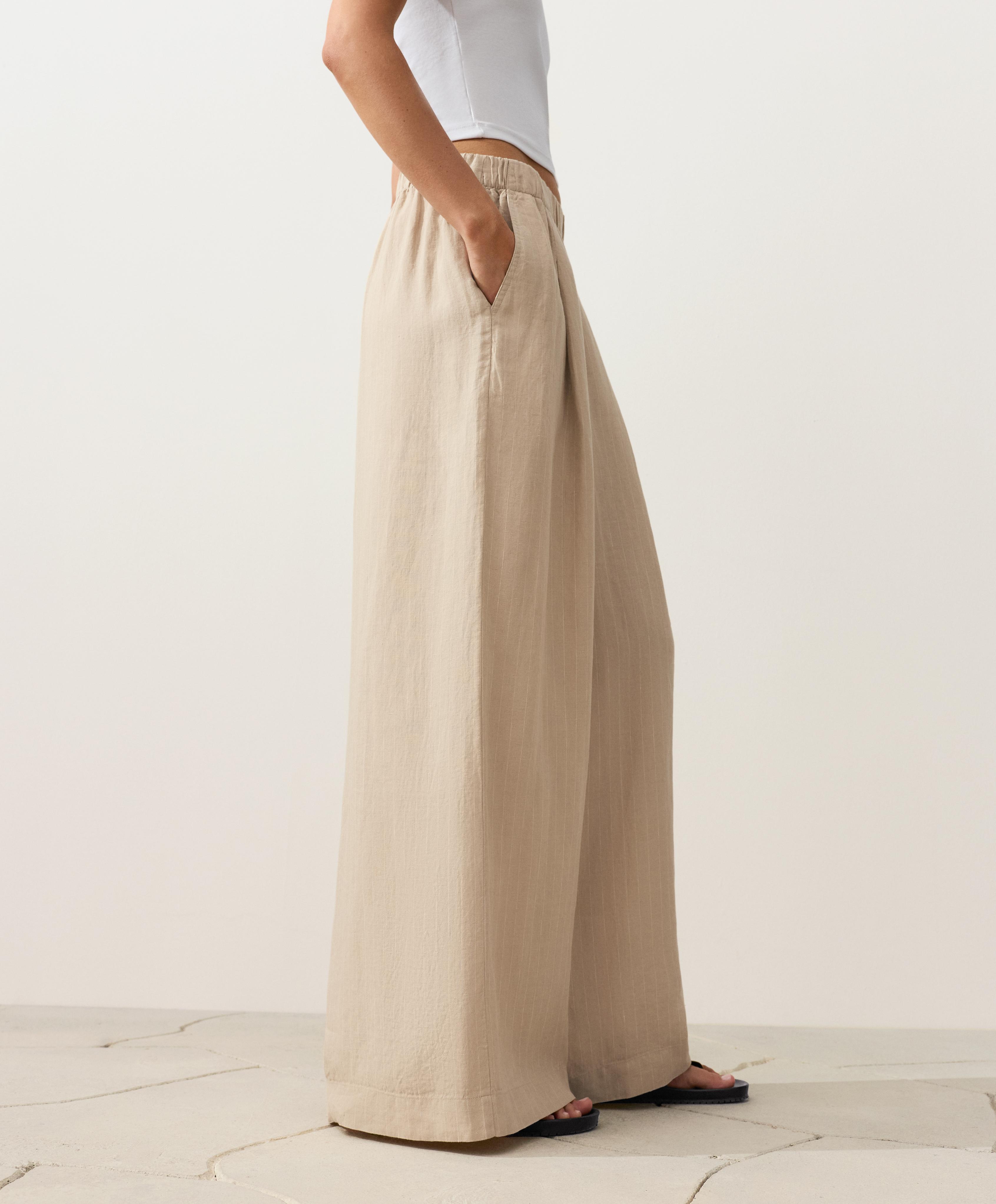 100% linen wide-leg striped trousers — SANDY
