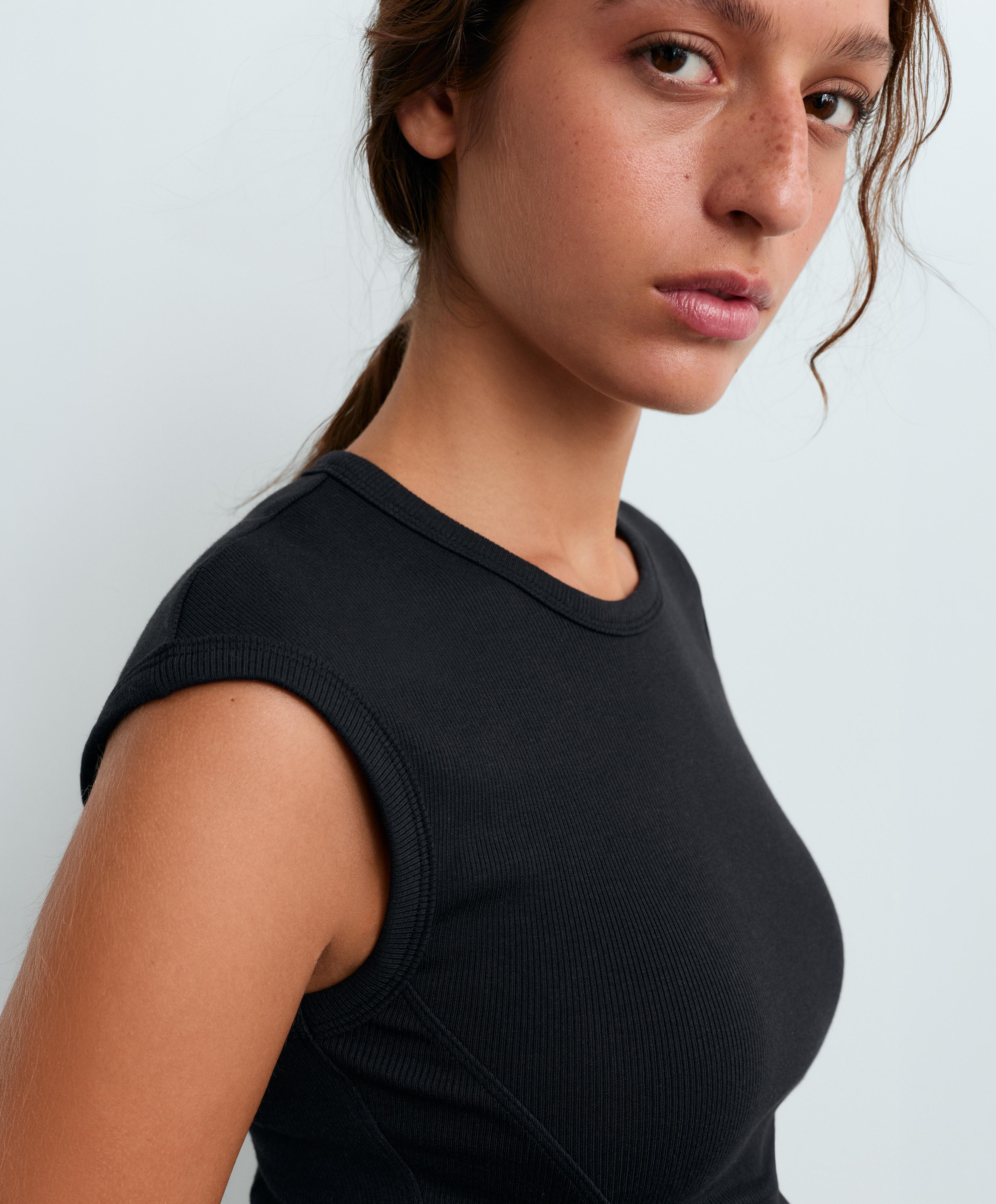 Short-sleeved rib top with cotton and modal — BLACK