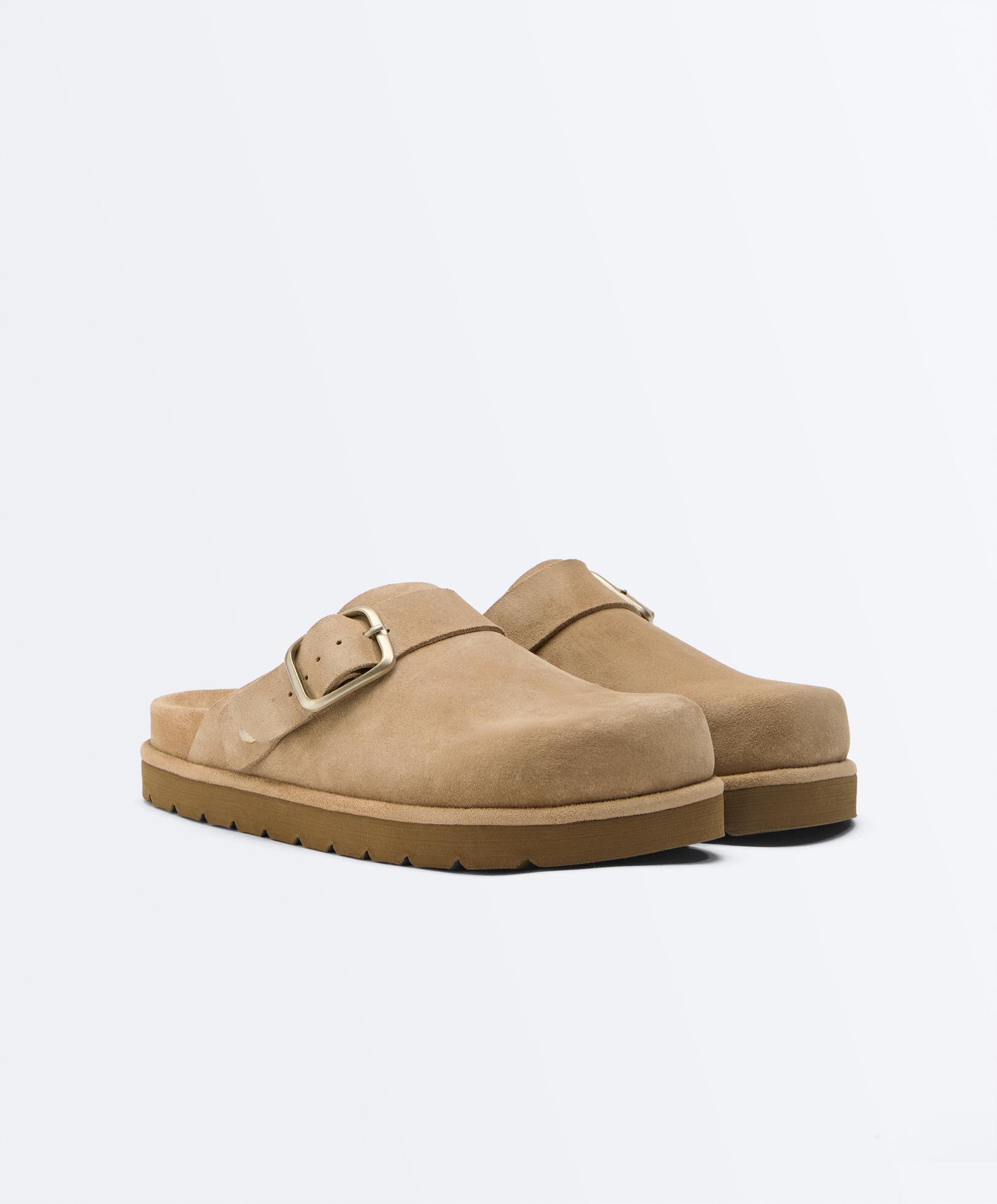 Buckled split-leather mules