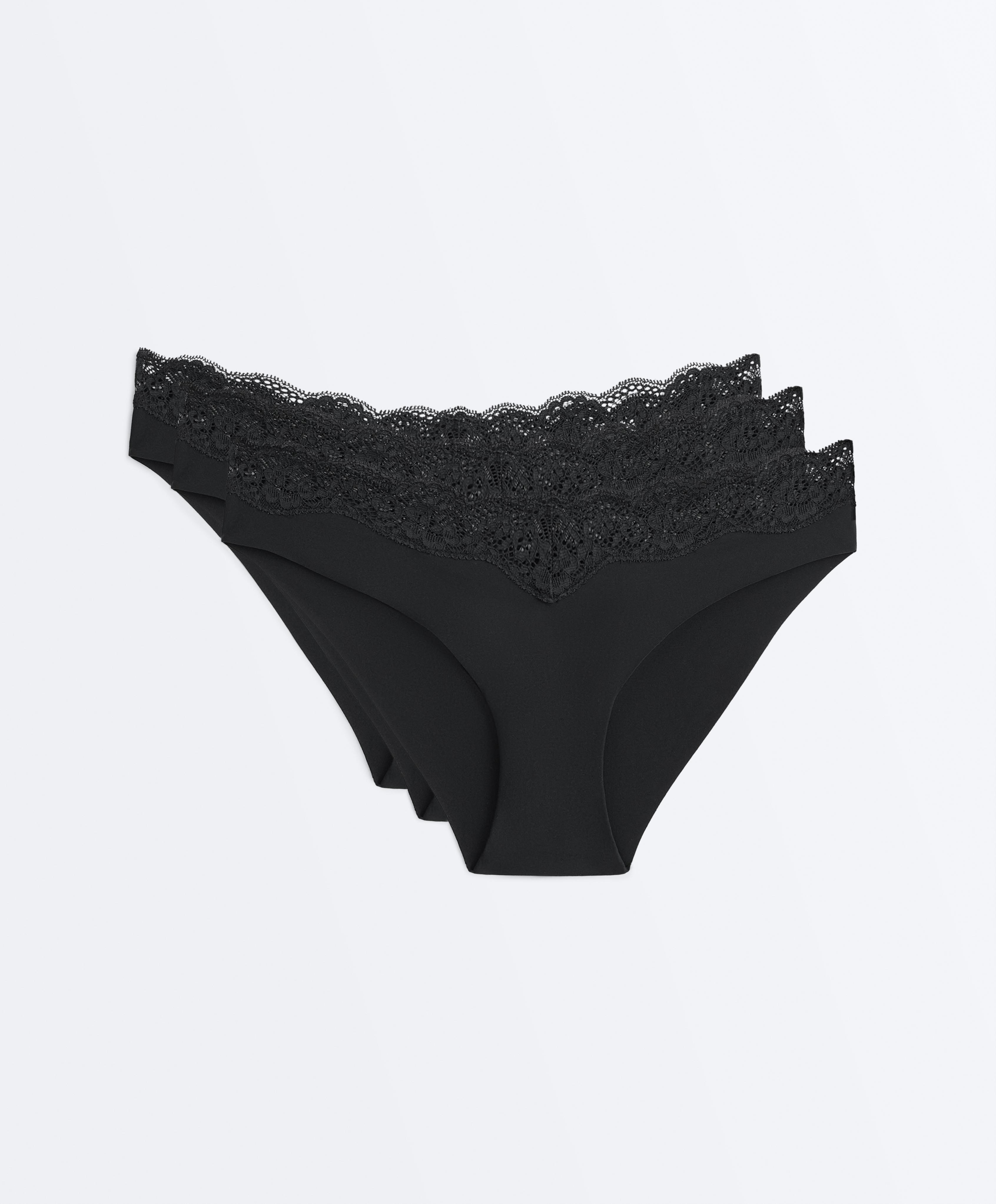 3 laser-cut polyamide blend V-cut lace bikini briefs — BLACK