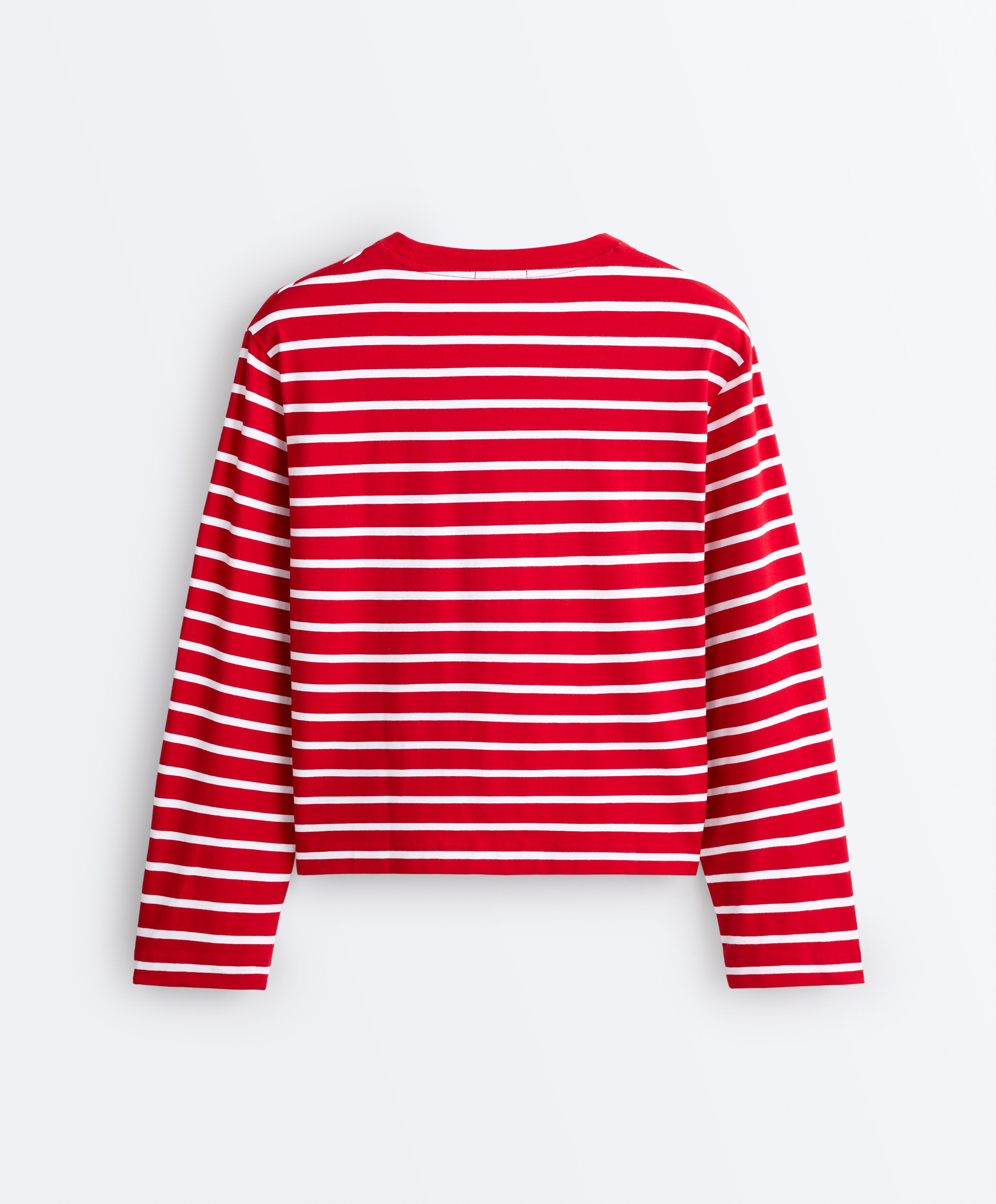 Boxy long-sleeved striped cotton-blend T-shirt — RED