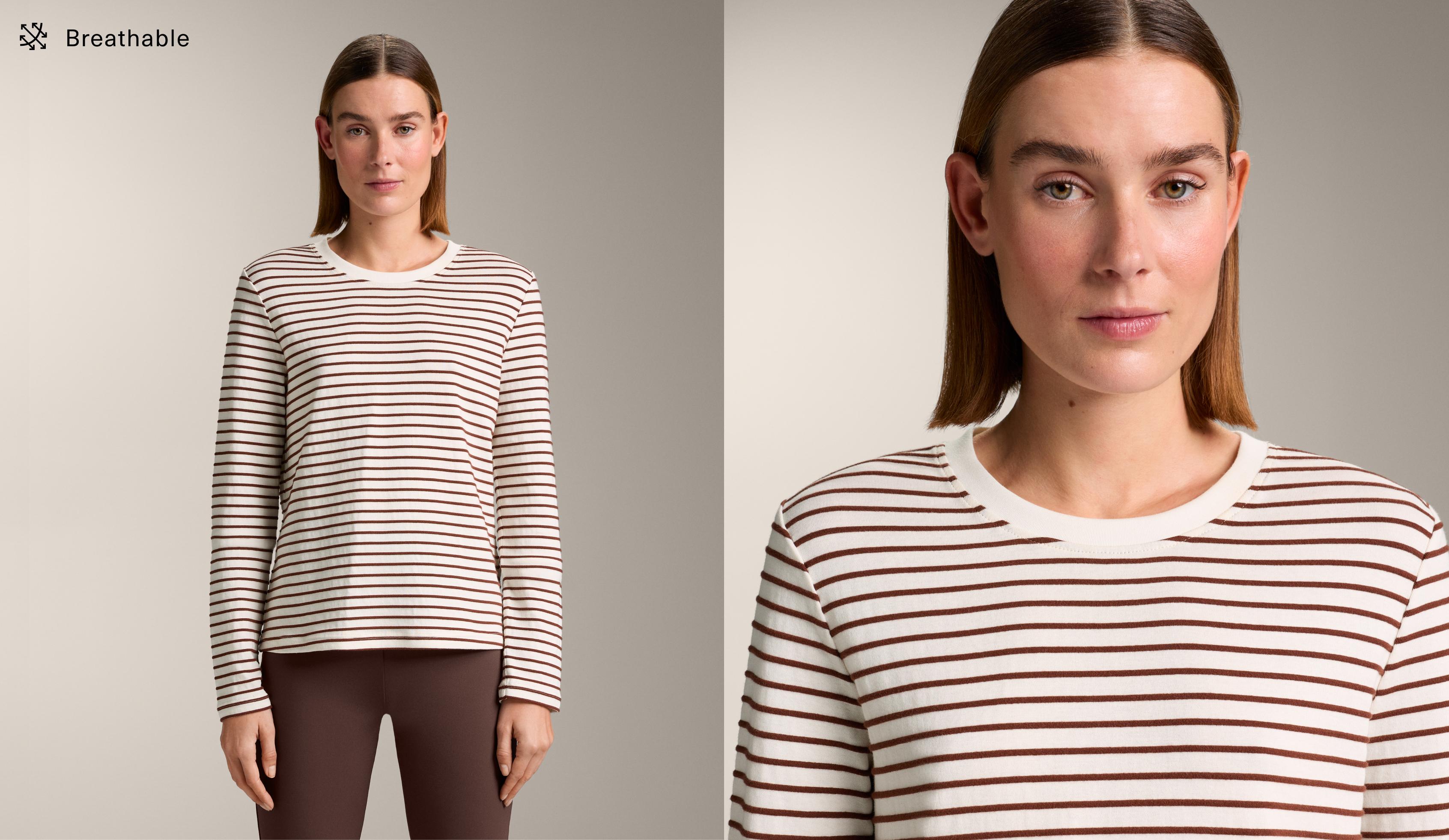 Regular fit long sleeve striped cotton blend T-shirt — BROWN