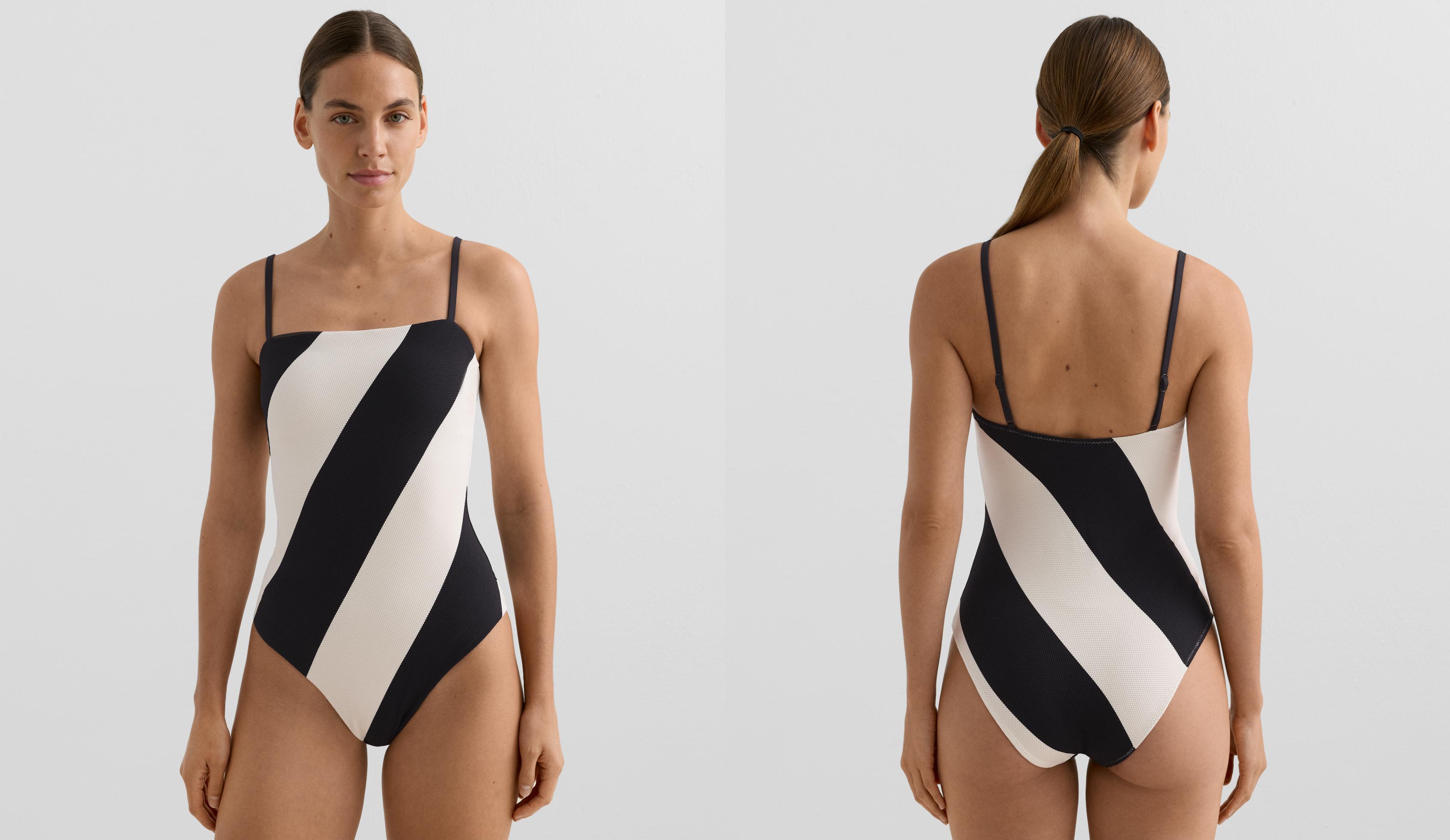 Bandeau-Badeanzug aus Piqué mit diagonalen Streifen