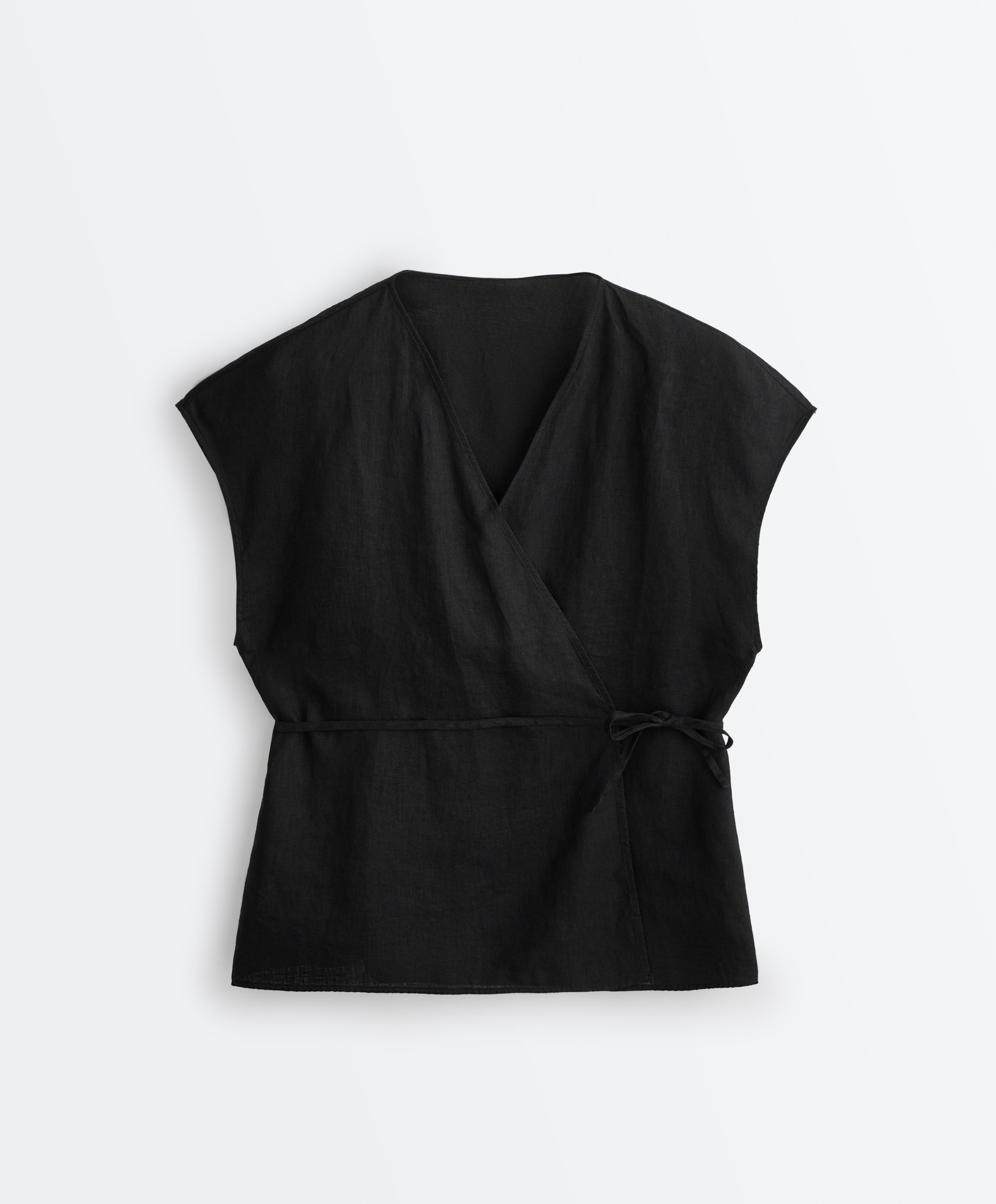 100% linen wrap shirt with tie — BLACK