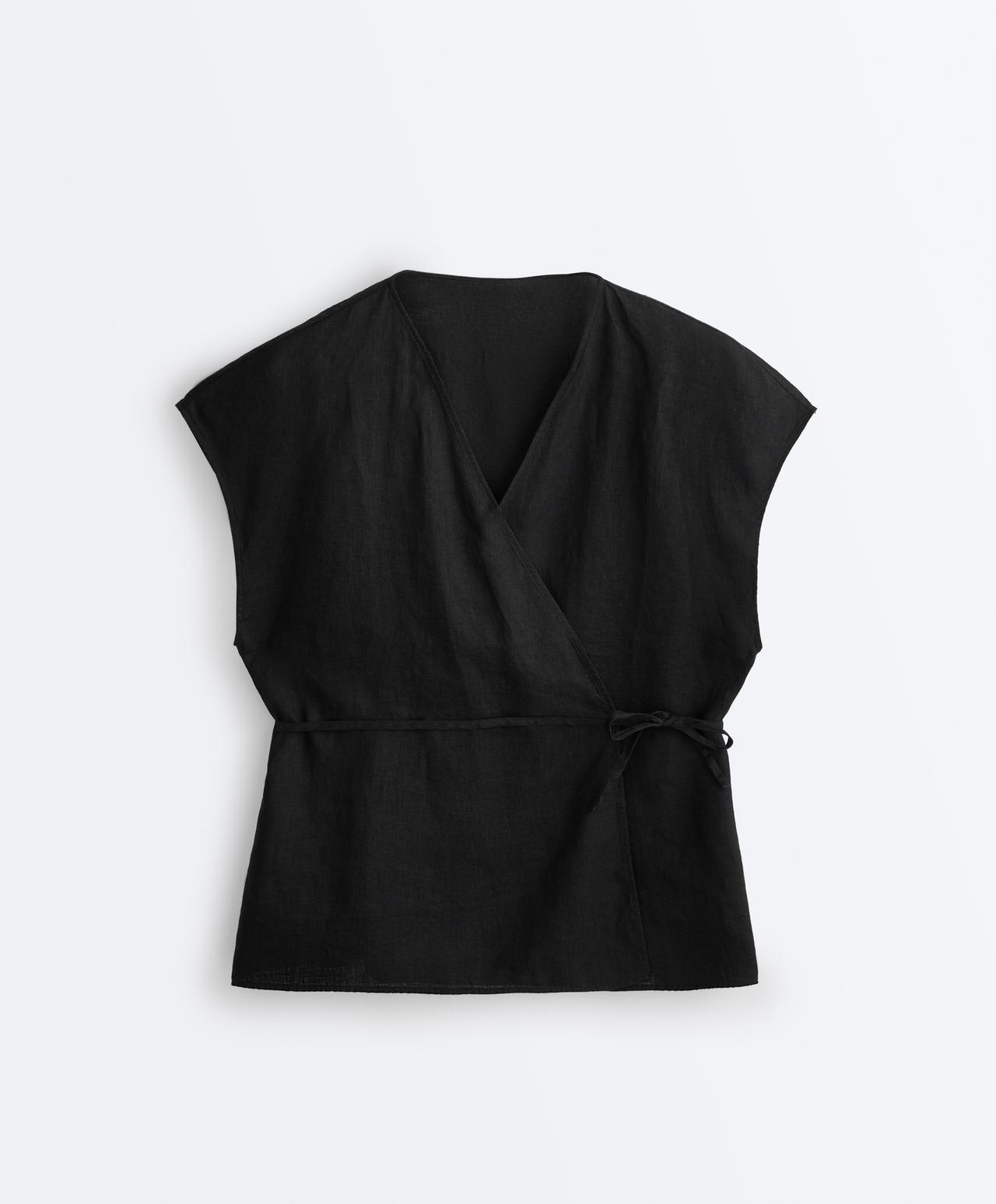 100% linen wrap shirt with tie — BLACK