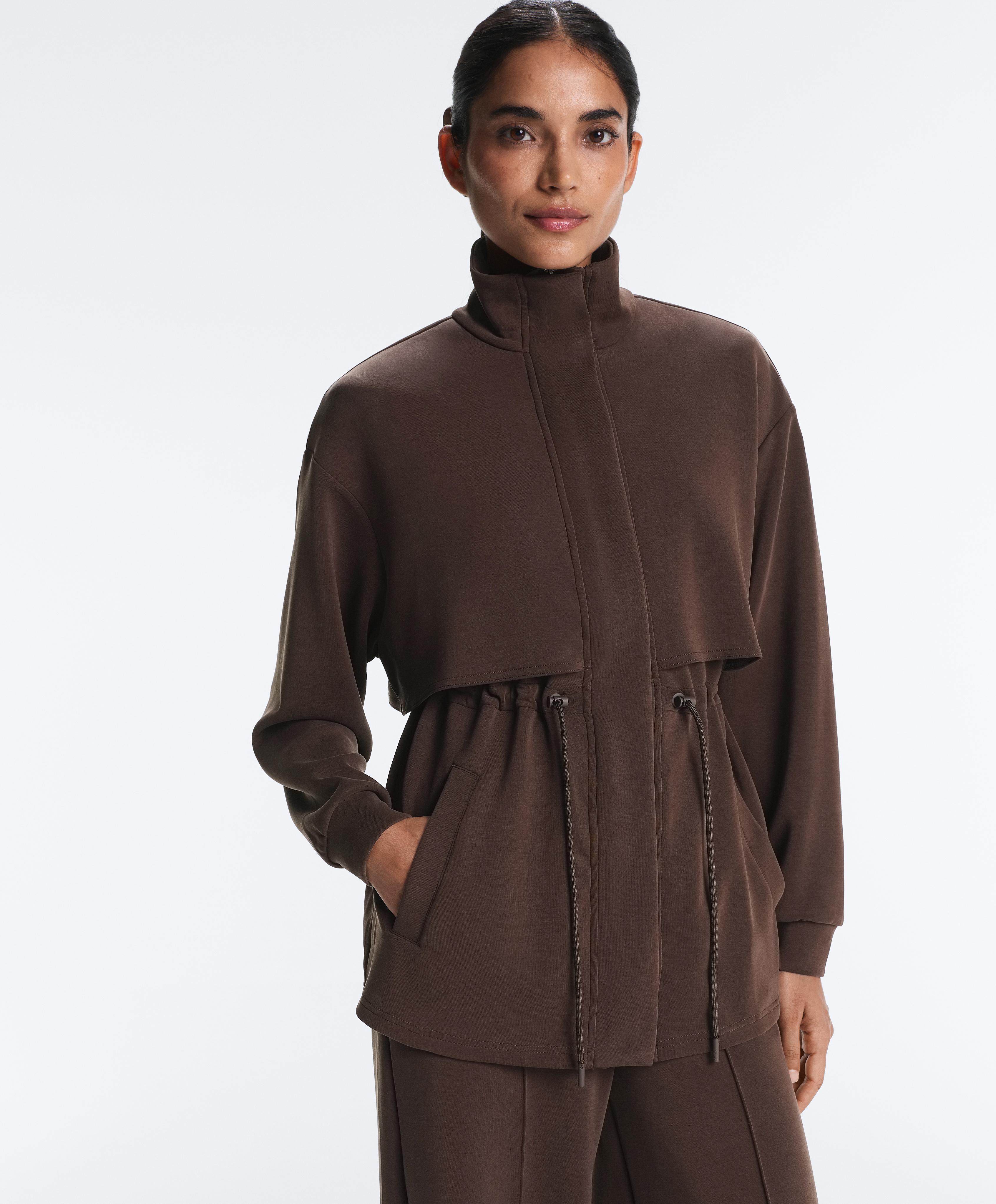 Long soft-touch jacket with modal and pockets — BROWN