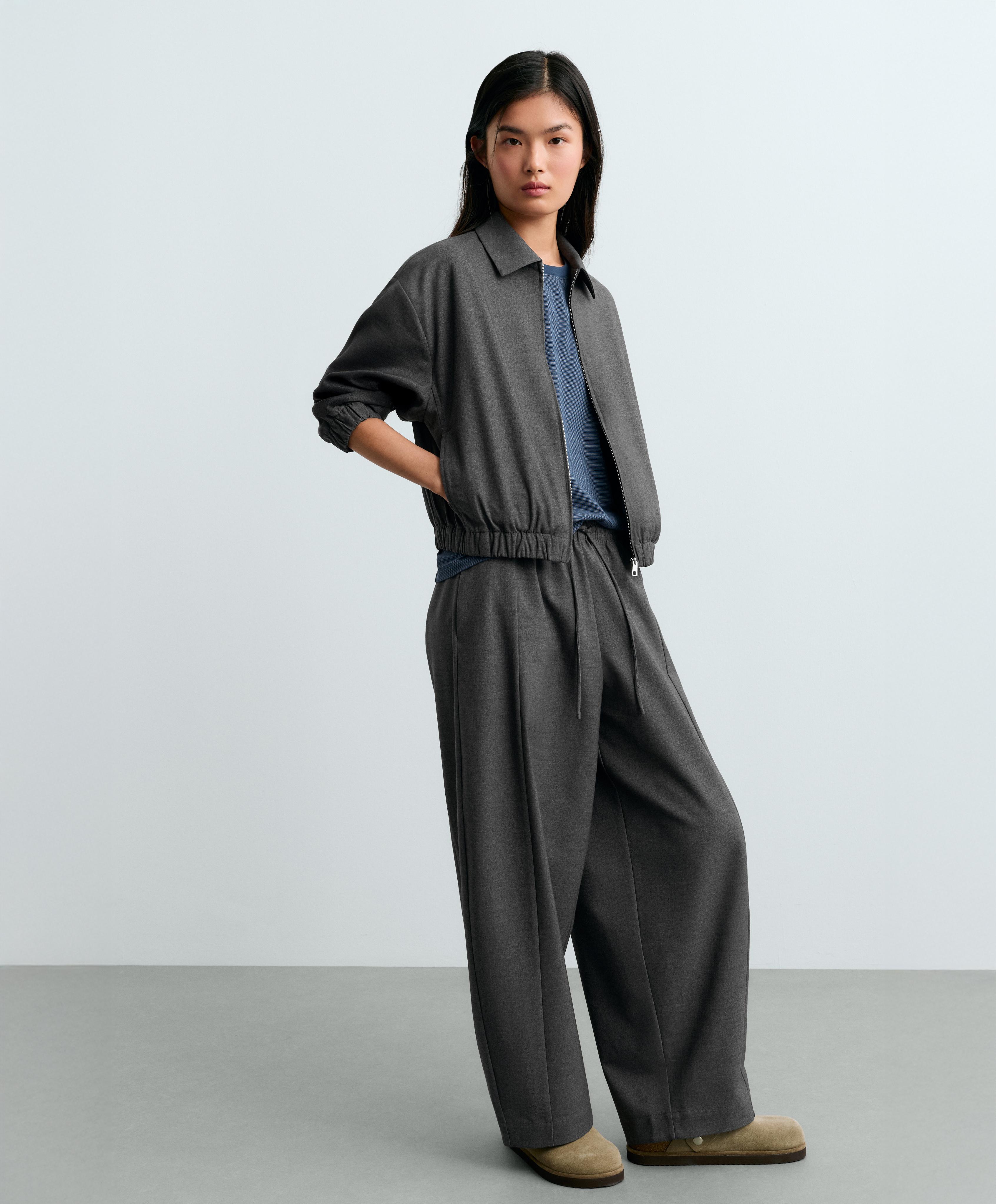 Cropped lapel collar jacket with wool — GREY