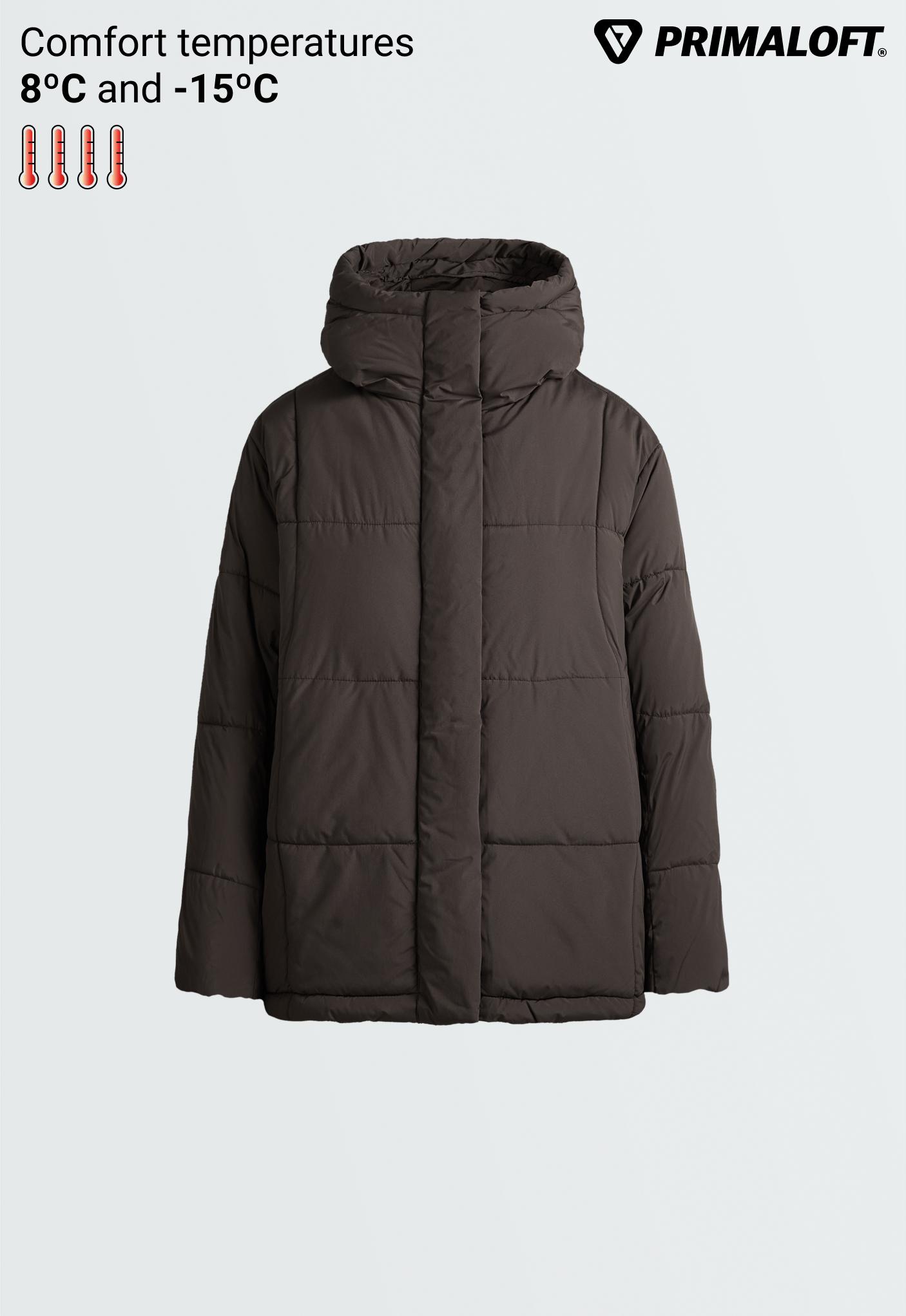 Front view of a dark brown padded jacket with a hood, high collar, long sleeves, and a concealed front closure.