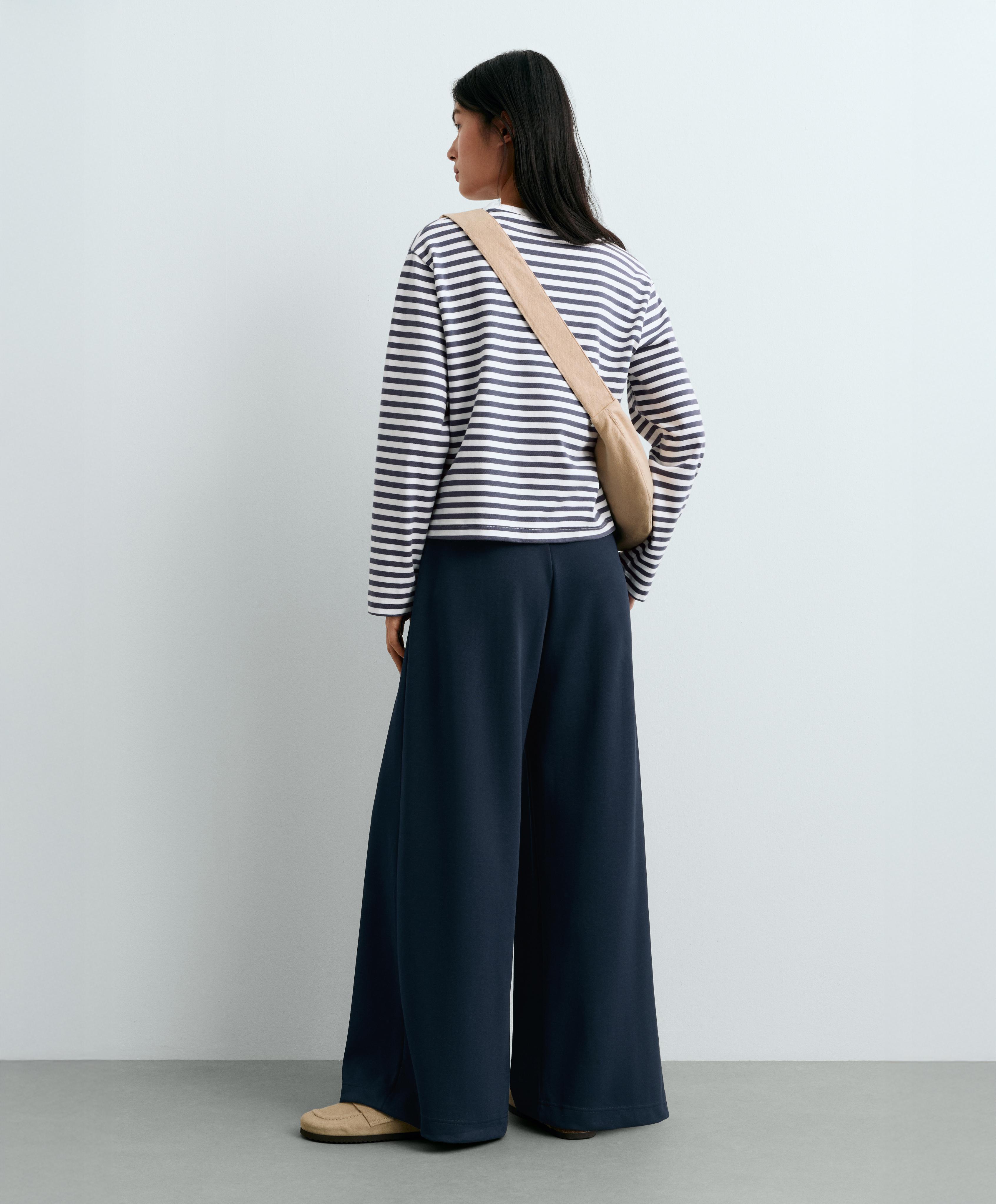 Wide-leg pique trousers with cotton — NAVY BLUE