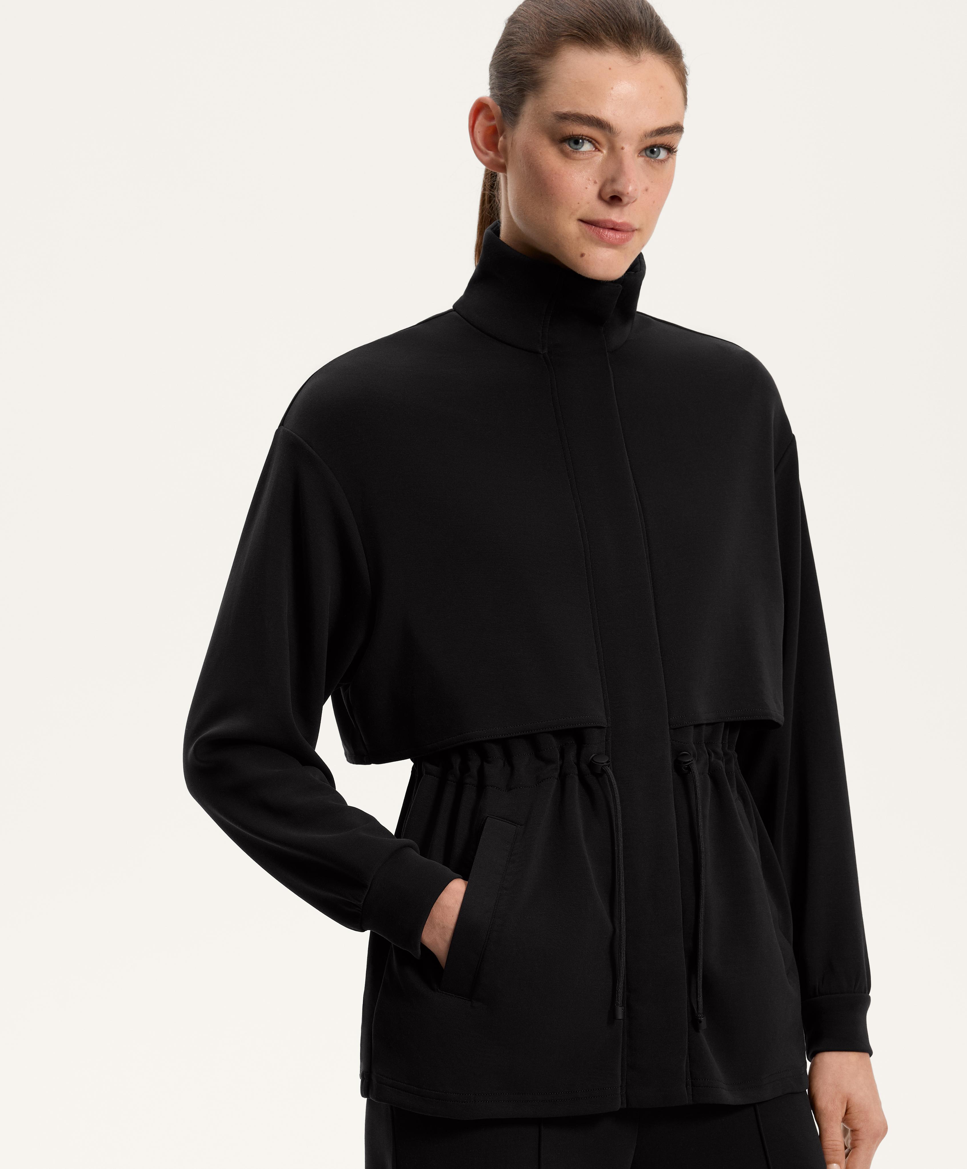 Long soft-touch jacket with modal and pockets — BLACK