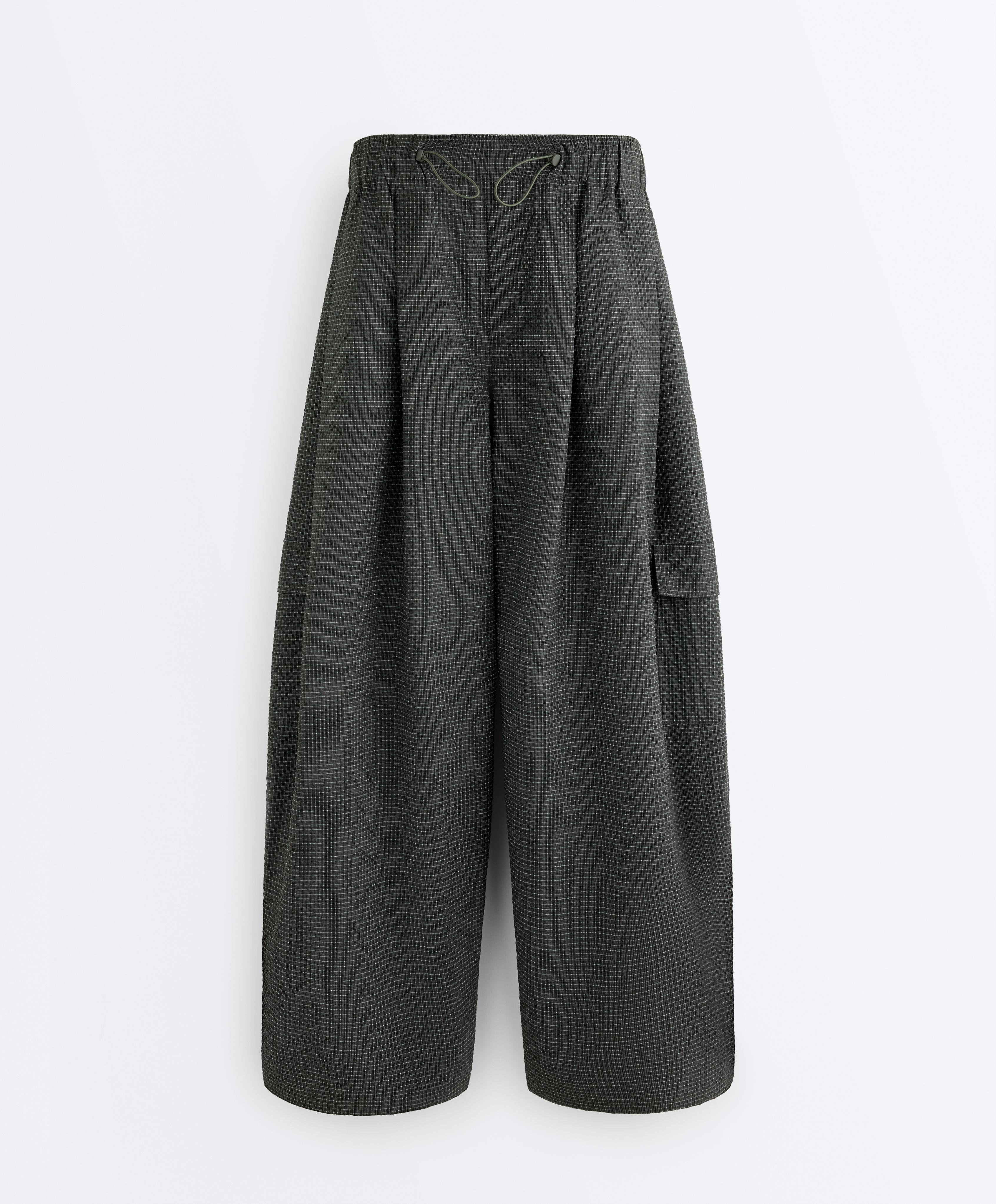 Water-repellent checked nylon long cargo trousers — BLACK