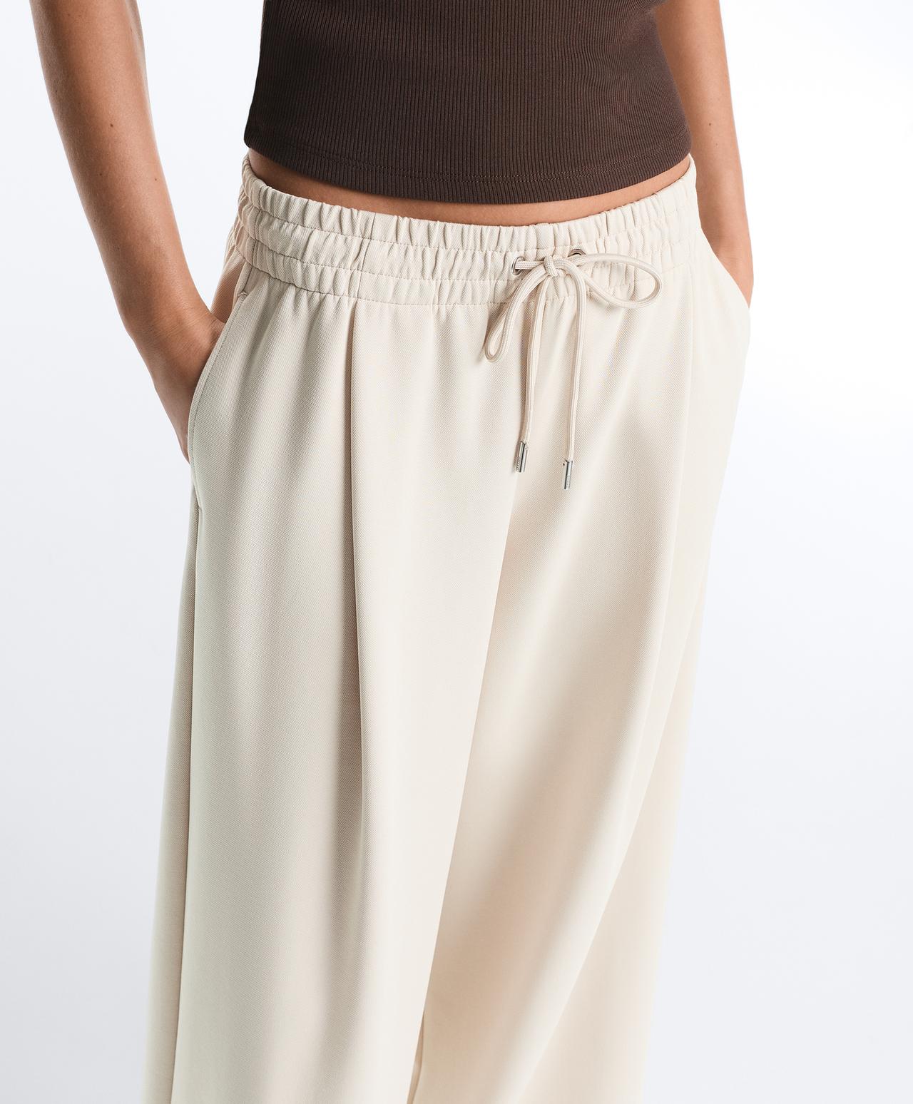 Wide-leg piqué pleat trousers with cotton — PALE MINK