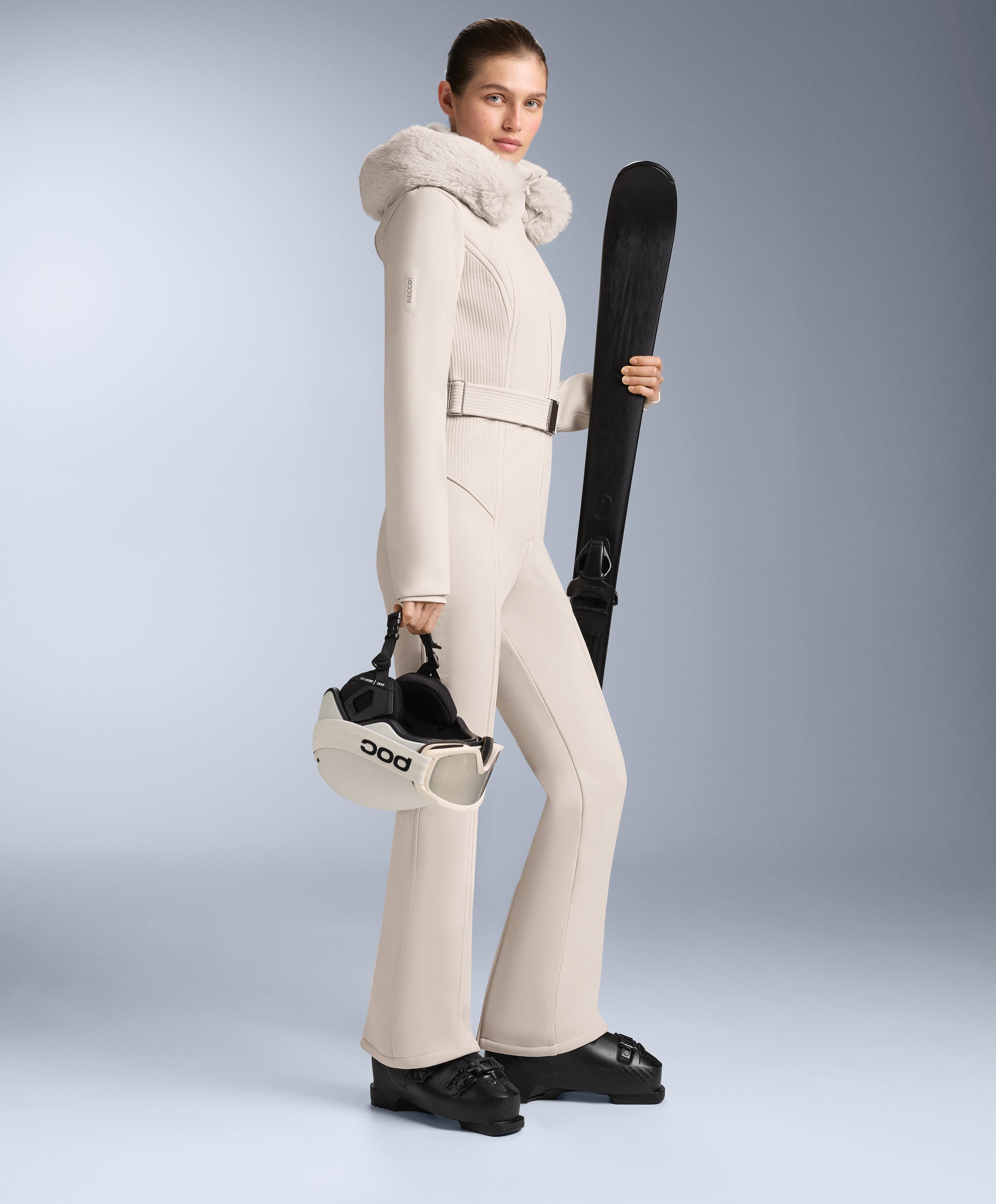 Water-resistant fitted stretch SKI jumpsuit — PALE MINK